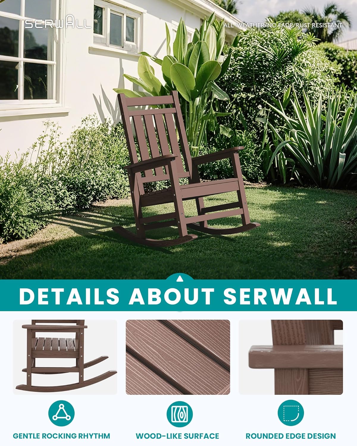 SERWALL HDPE Outdoor Rocking Chair Set of 8, Patio Rocking Chairs for Adults, All Weather Outdoor Rockers for Lawn, Brown