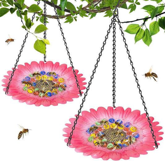 Bee Watering Station for Garden, Bee Bath Feeders for Outside with Vivid Flower Design, Hanging Butterfly Bowl with Glass Balls for Outdoor Courtyard Decoration (2Pcs-Pink)