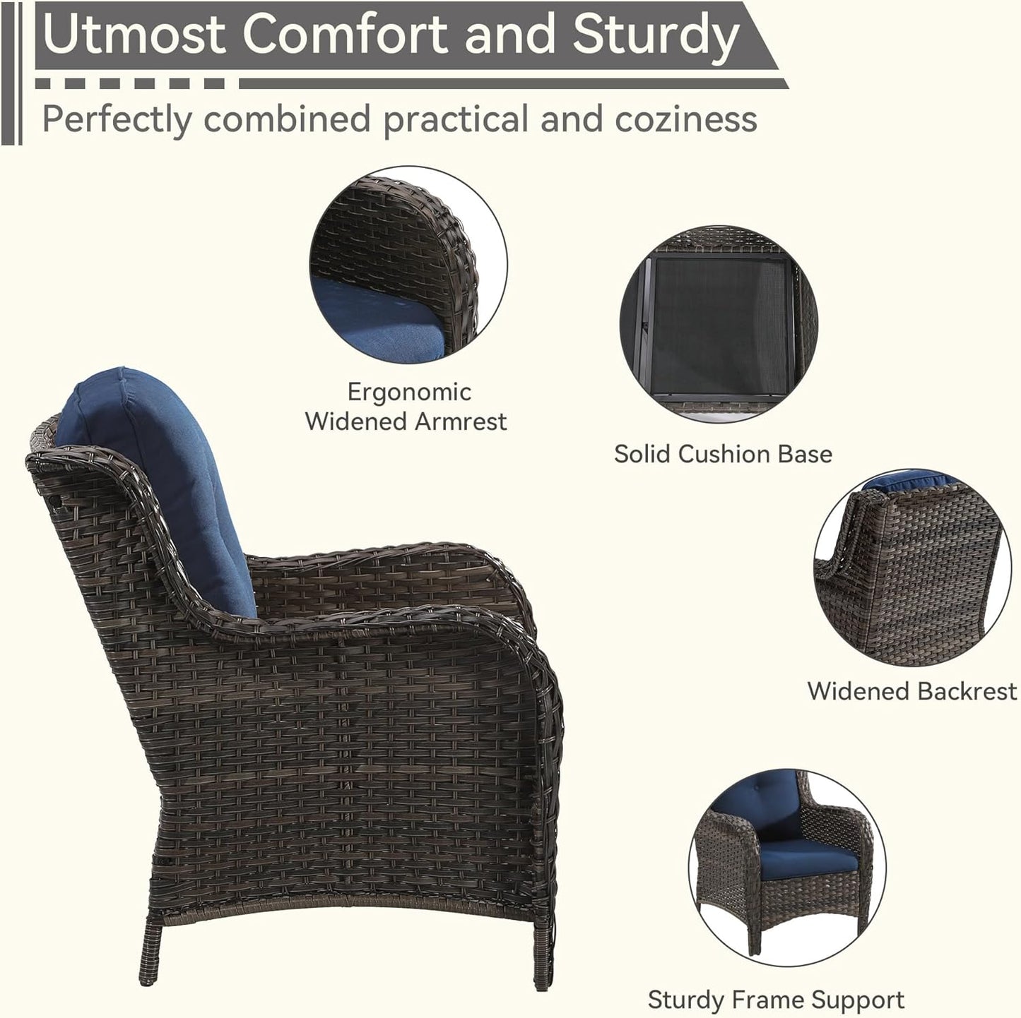 7 Pieces Outdoor Patio Conversation Set, Wicker Furniture Set Includes 3-Seat Sofa, Patio Rattan Dining Chair Set of 4, 2 Ottomans, for Porch, Yard, Mixed Brown Rattan, Blue