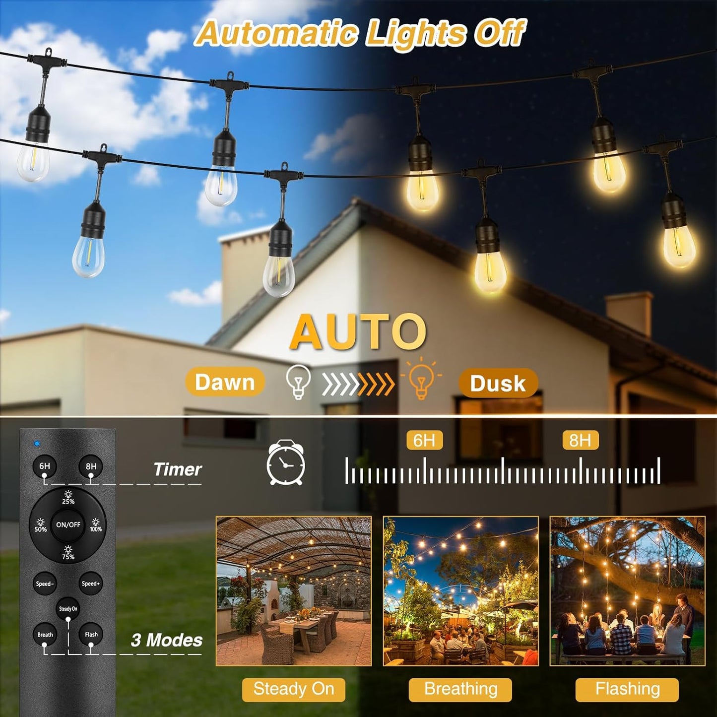 ZJOJO Solar String Lights Outdoor Waterproof 100FT,Solars Light Outdoor with 30+2 Shatterproof Bulbs IP65, Patio Lights SolarPowered &USB Port, LED String SolarLights for Outside Decor