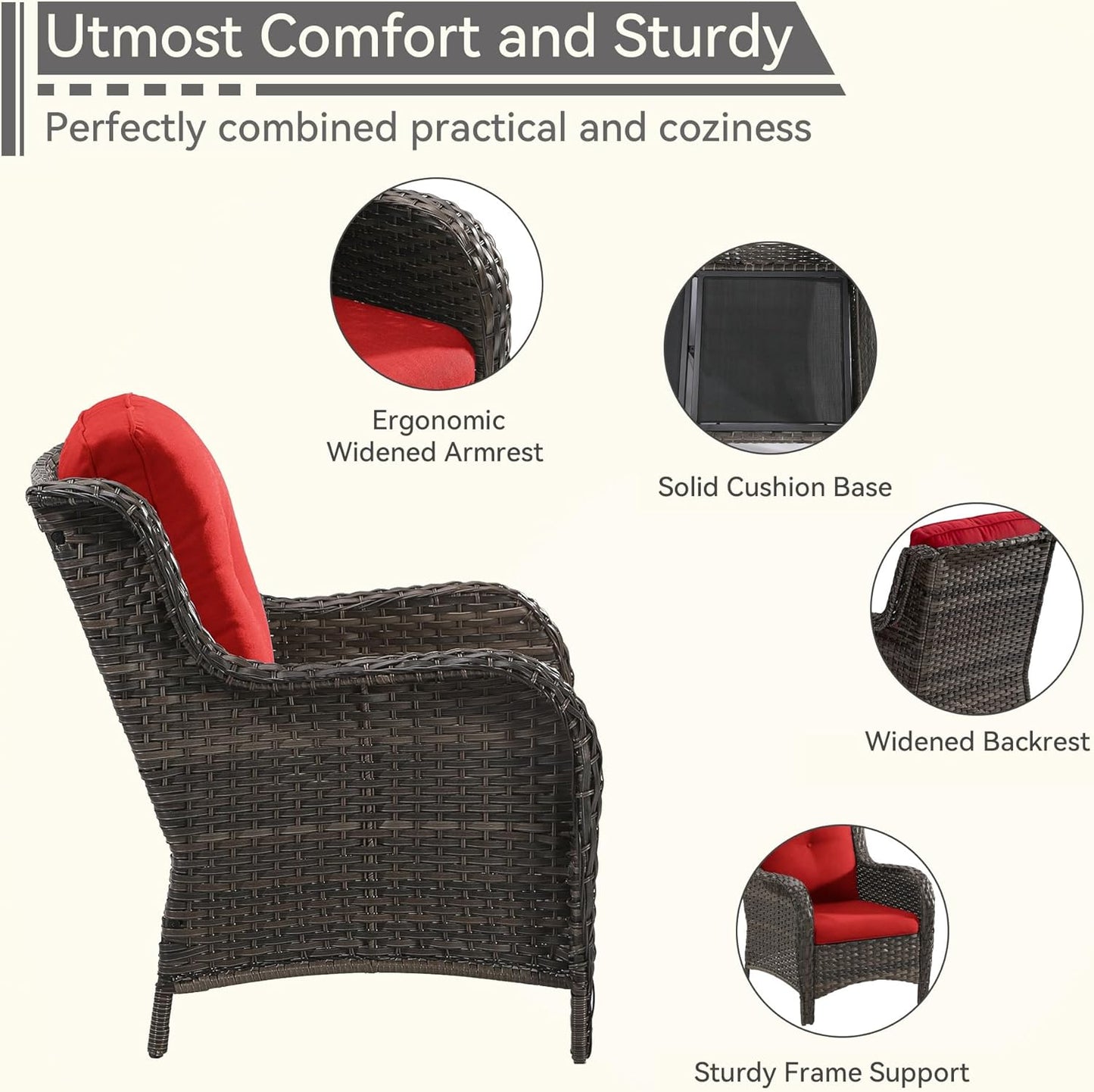 7 Pieces Outdoor Patio Conversation Set, Wicker Furniture Set Includes 3-Seat Sofa, Patio Rattan Dining Chair Set of 4, 2 Ottomans, for Porch, Yard, Mixed Brown Rattan, Red