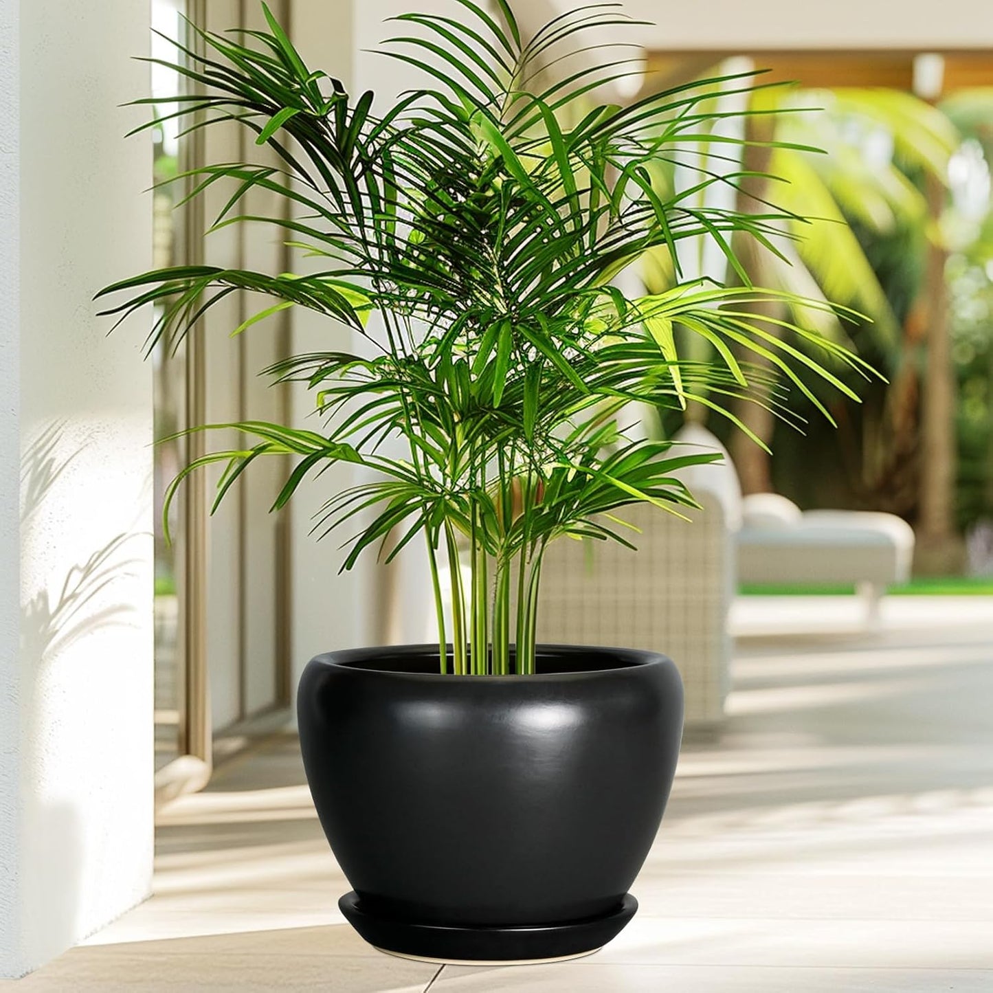 Ceramic Pot for Plants - 10 Inch Plant Pot Indoor with Drainage Hole and Saucer Large Planter Decorative Planter Modern Outdoor Flower Pot for House Balcony Black