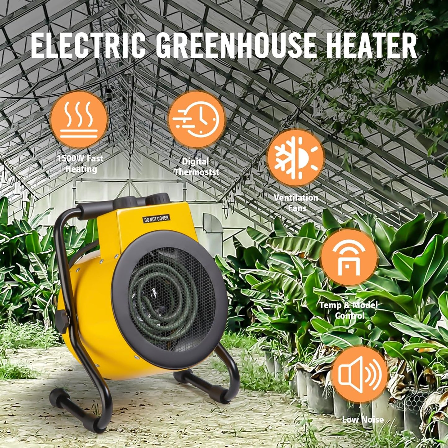 Greenhouse Heater with Digital Thermostat, Green House Heater for Plants,1500W Electric Grow Tent Heaters, Overheat Protection, Fast Heating for Green House, Flower Room, Yellow