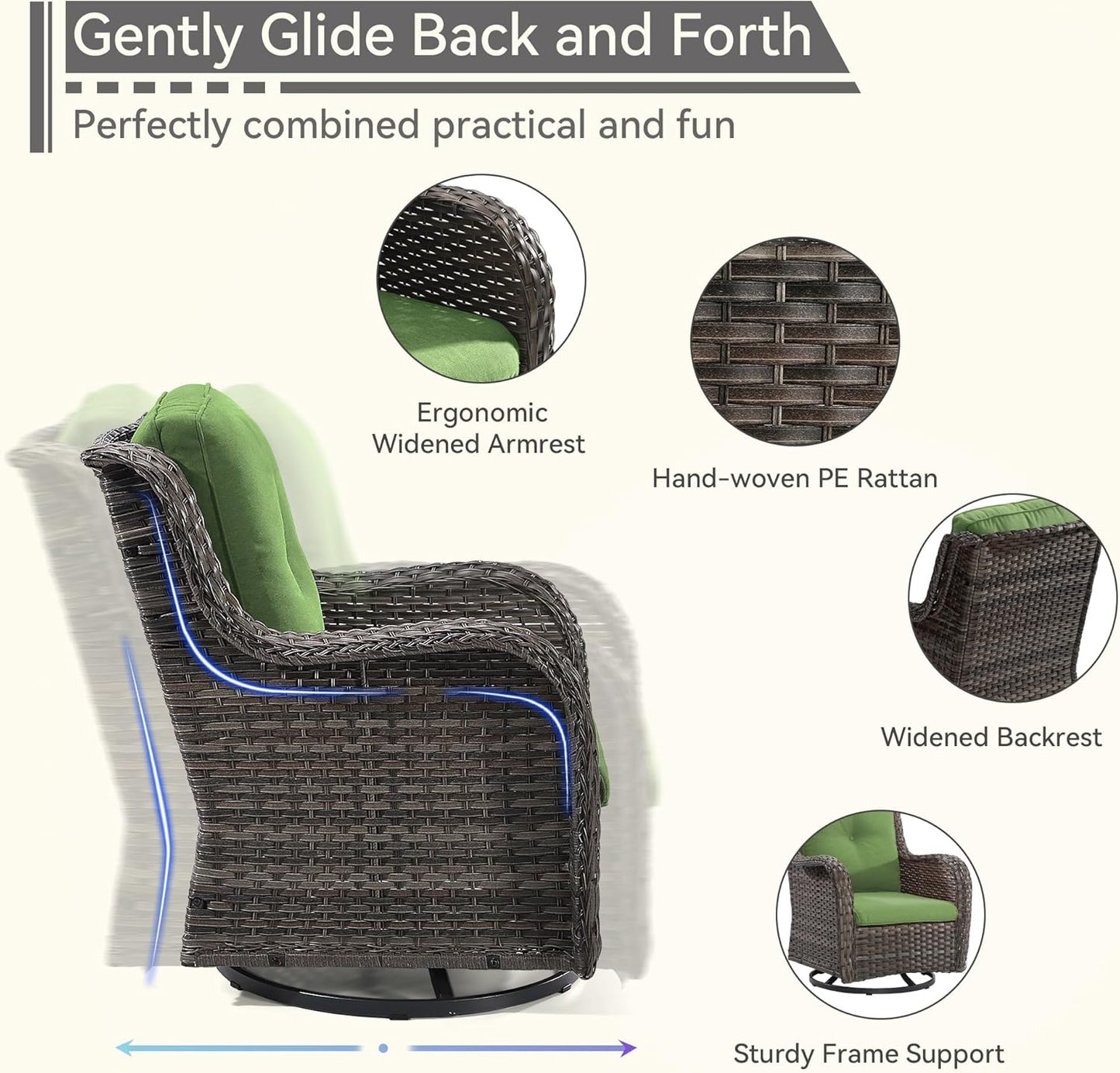 5 Pieces Outdoor Patio Furniture Set - Conversation Set Includes Wicker Swivel Rocker Chairs Set of 2, 2 Ottoman, 3 Seat Sofa, Suitable for Porch, Yard, Mixed Brown Rattan, Green