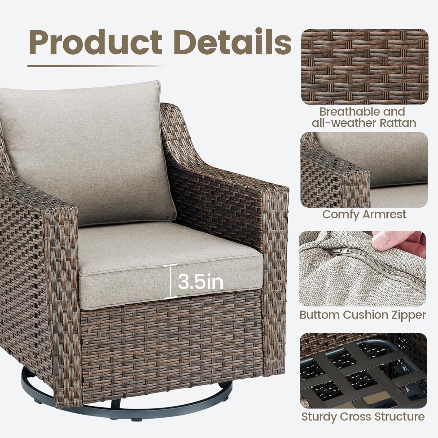 Outdoor Patio Wicker Swivel Chairs - Set of 4 Outside Rattan Rocker Glider Chair Rocking Armchairs for Front Porch Balcony Backyard Yard Deck Poolside Apartment – Brown/Beige