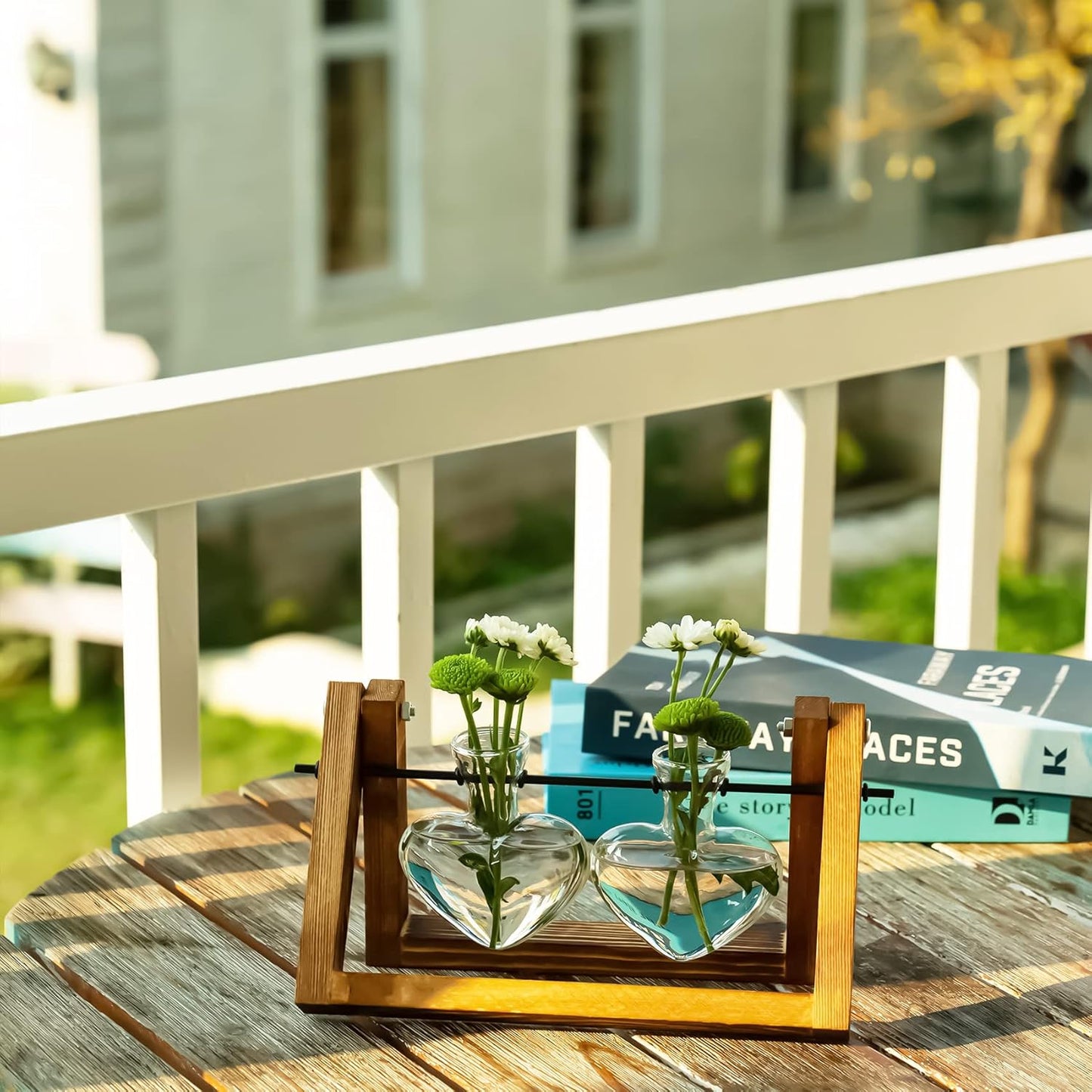 Kingbuy Glass Desktop Planter with Retro Wooden Stand and Plant Terrarium Vase (2 Hearts) for Indoor Home Office Desk Decor Accessories