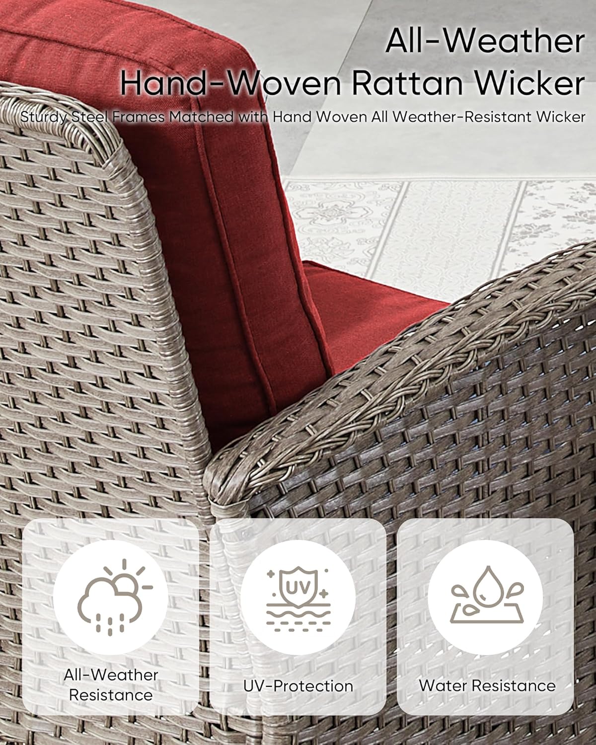 HUMMUH Patio Furniture Wicker Outdoor Furniture Sets High Back Outdoor Glider Bench with Patio Swivel Chairs Patio Conversation Sets for Deck Lawn Porch Balcony Poolside-Grey/Red