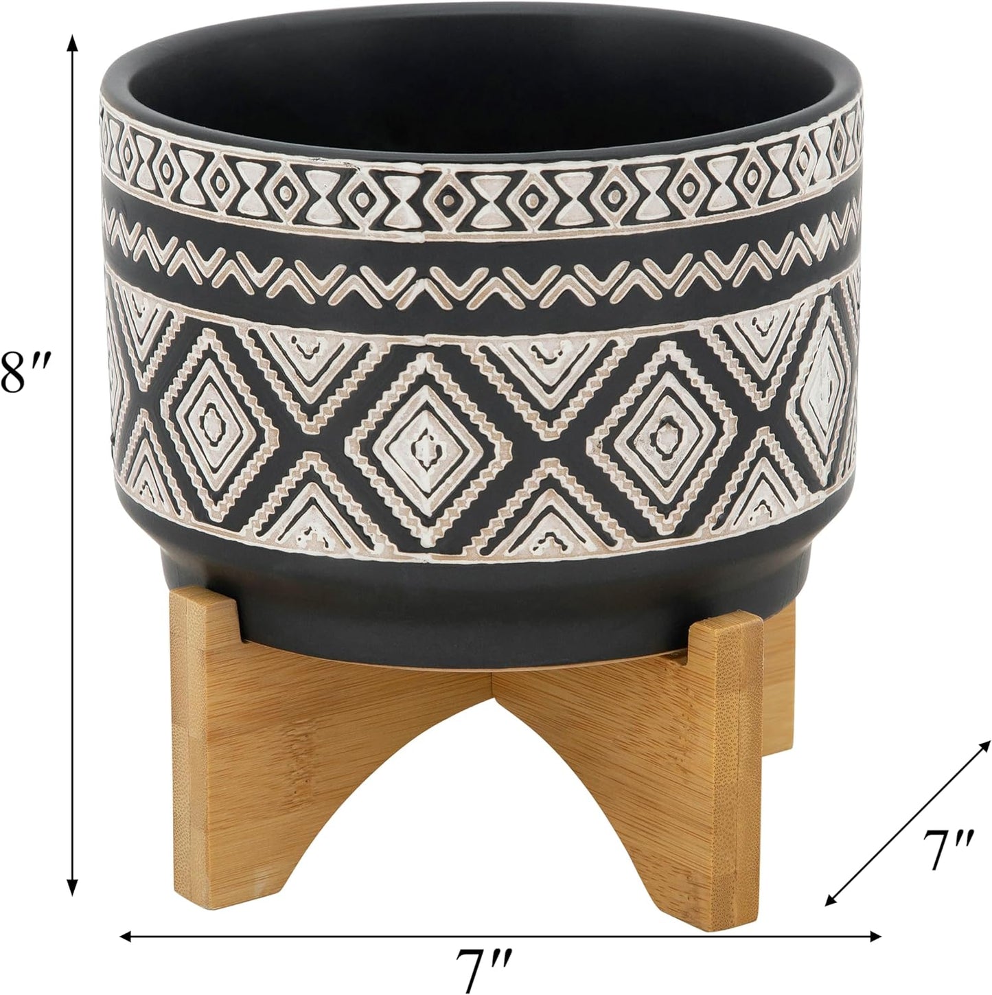 Sagebrook Home Ceramic Planter with Stand - Decorative Stoneware Pot for Indoor & Outdoor Use - Modern Boho Design with Wooden Base - Stylish Plant Holder for Succulents & Flowers - 8", Black