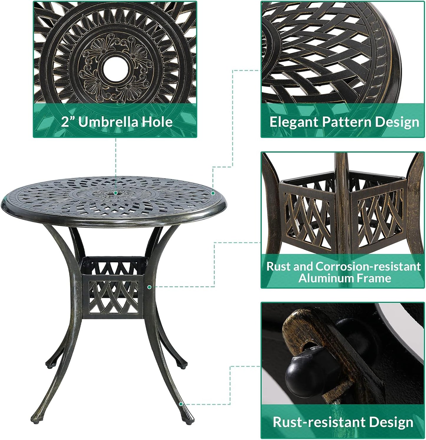 VIVIJASON 3-Piece Patio Furniture Dining Set, All-Weather Cast Aluminum Outdoor Bistro Set, Include 2 Chairs, 2 Cushions and 31" Round Table w/Umbrella Hole for Balcony, Lawn, Garden, Backyard