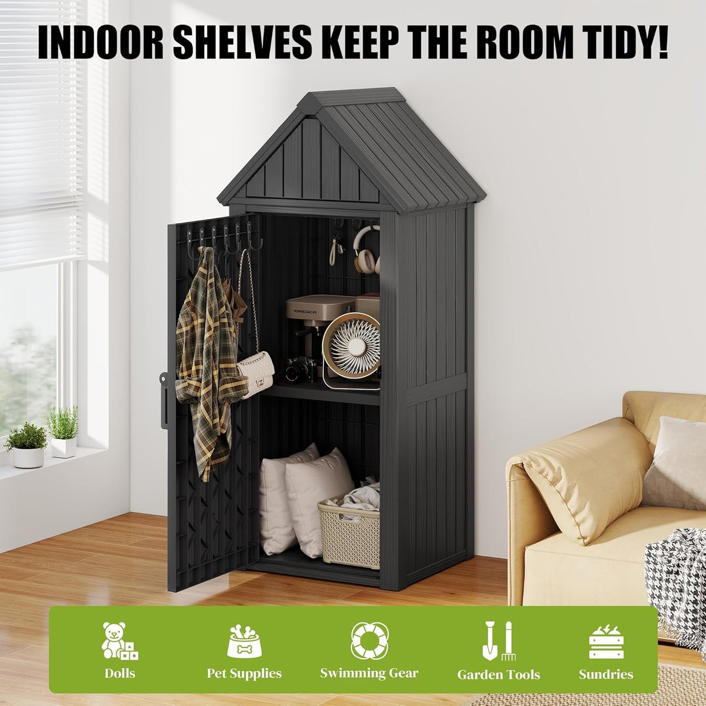 Upgraded Outdoor Resin Storage Shed with Removable Shelves, Lock Ring & Reinforced Floor - All-Weather Garden, Patio Cabinet (Black)