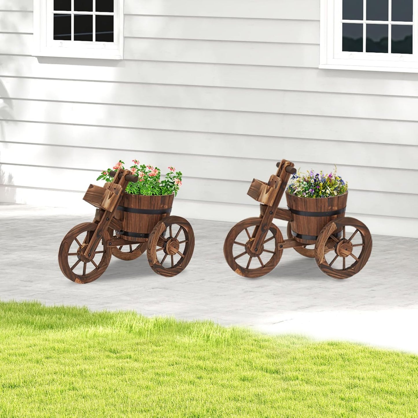 kinbor Outdoor Planters - Rustic Barrel Planter, Wooden Wagon Tricycle Planters for Outdoor Plants