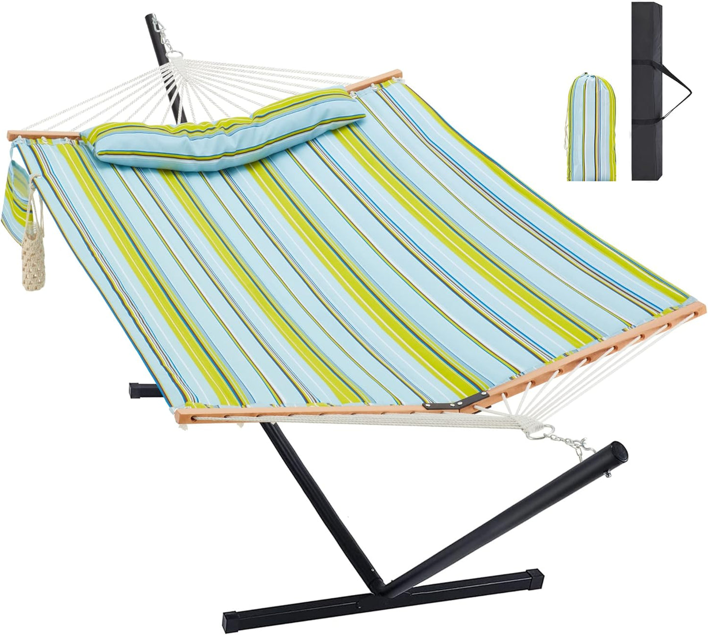 Two Person Hammock with Stand Heavy Duty, Outdoor Patio Hammock with Portable Steel Stand, Large Double Hammocks,480lbs Capacity. (Light Blue Stripes)