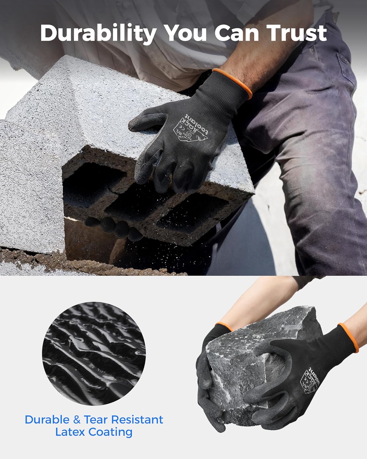 toolant Crinkle Latex Work Gloves Bulk, Rubber Coated Safety Work Gloves for Men and Women, 12 Pairs for Construction, Gardening, Warehouse (Black, Medium)