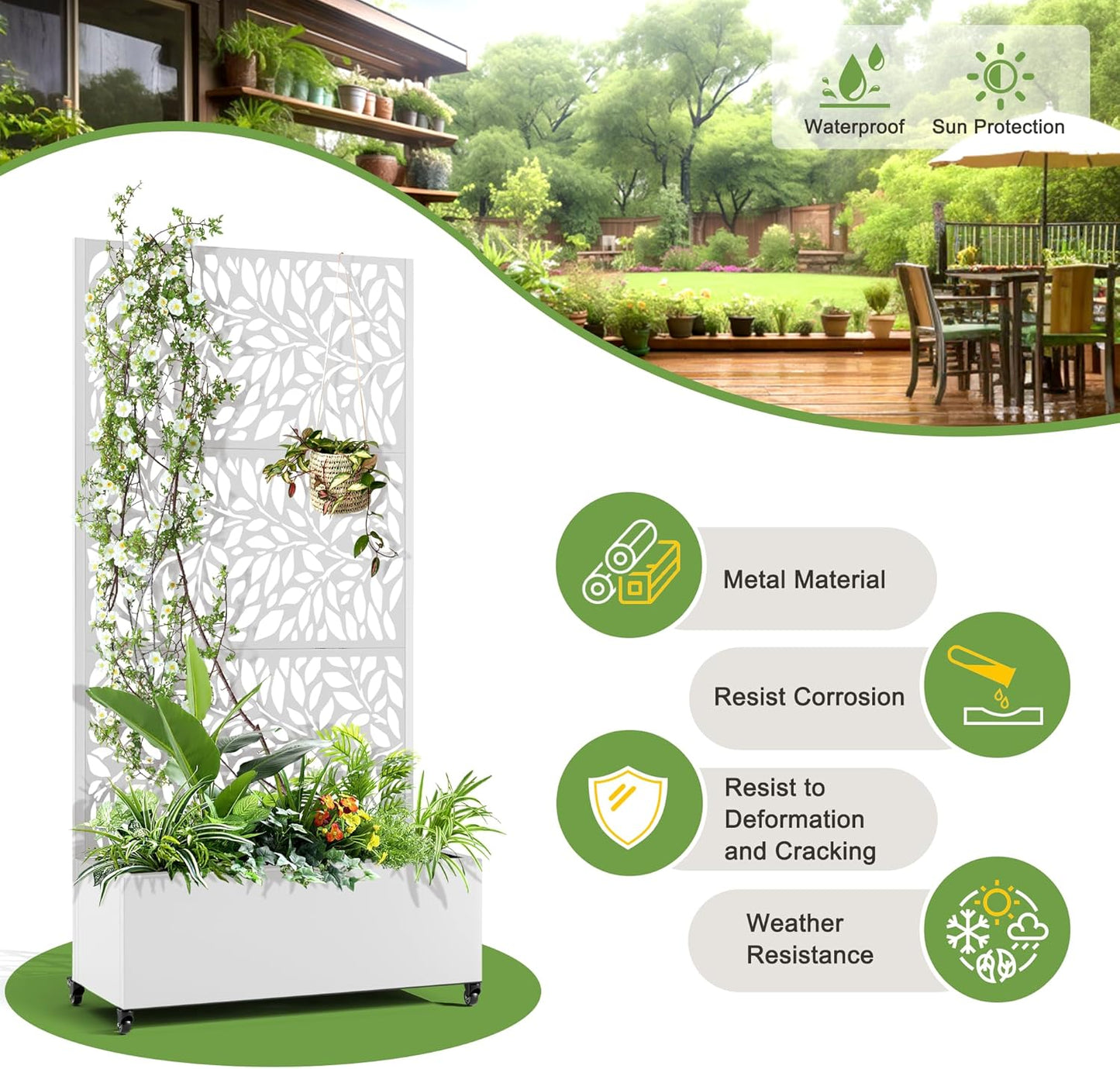 FENCY Metal Raised Garden Bed with Wheels and Trellis,73"x35"x16" Planter Box for Climbing Plants, Vegetables & Vines, Features Privacy Screen and Drainage Holes (White-Leaf-2)