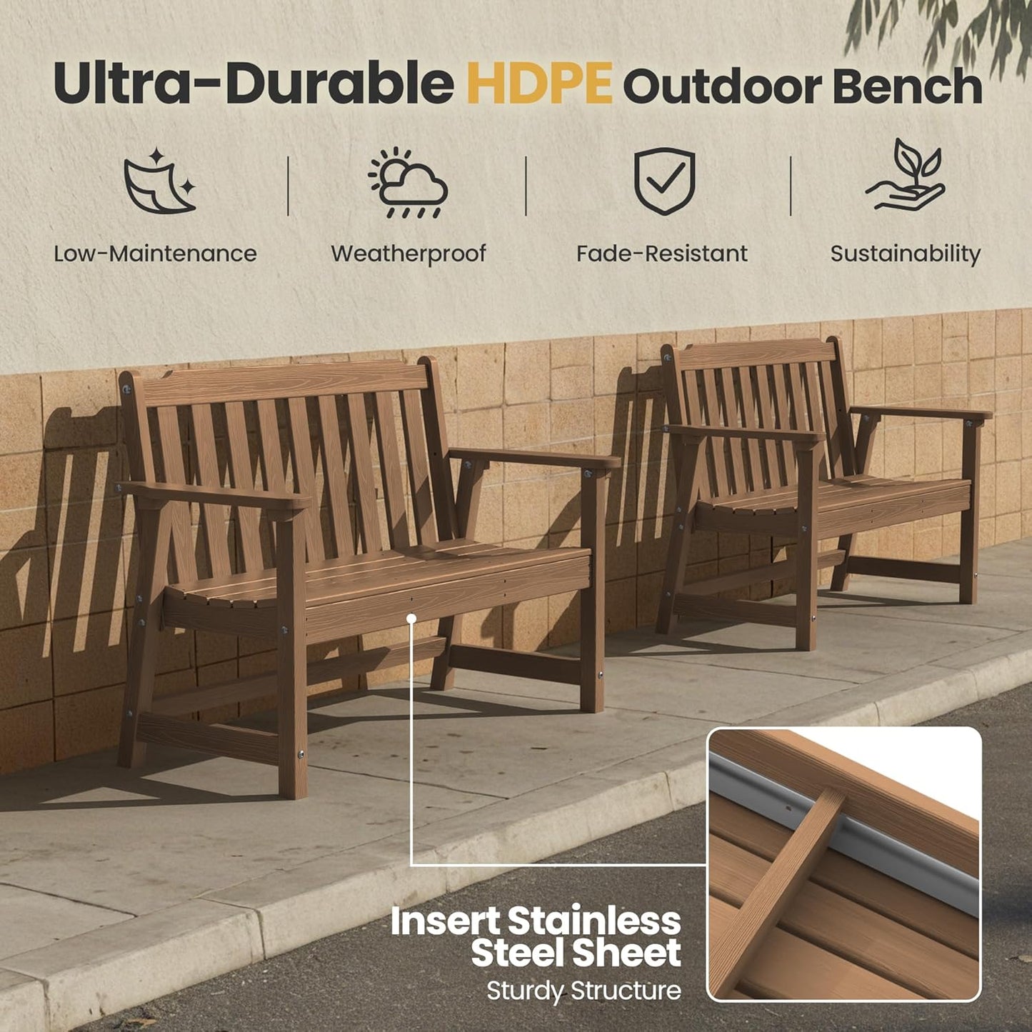 Ciokea 46" Heavy Duty Outdoor Bench Set of 2, HDPE Weatherproof Garden Bench, 2-Person Memorial Benches with 660 Lbs, Waterproof Patio Porch Benches for Outside Business Deck Office Backyard, Teak