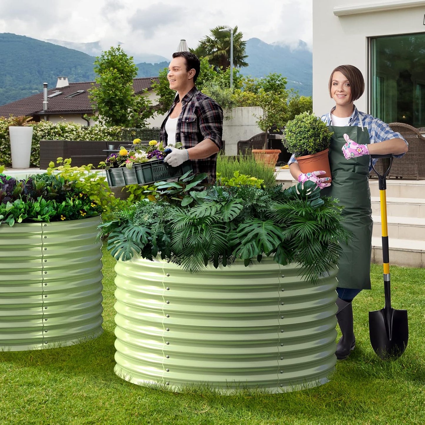 Olle 32" Tall, Raised Garden Beds Outdoor for Vegetables, Round Galvanized Raised Garden Bed, Metal Garden Boxes Outdoor Plater Box, Sage Green