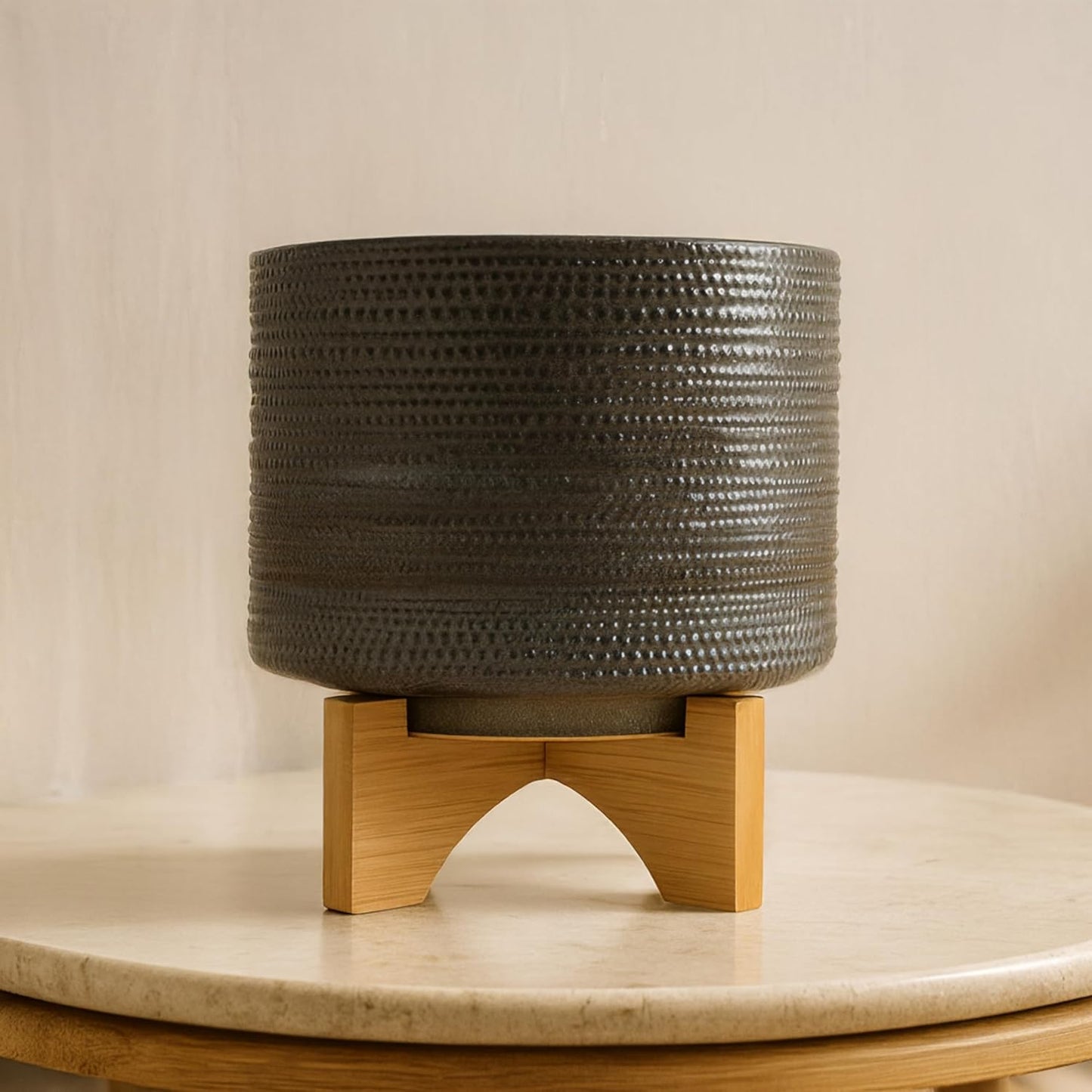 Sagebrook Home Ceramic Planter with Bamboo Stand - Textured Mid-Century Modern Plant Pot for Indoor & Outdoor Home Garden Decor - 10" Green