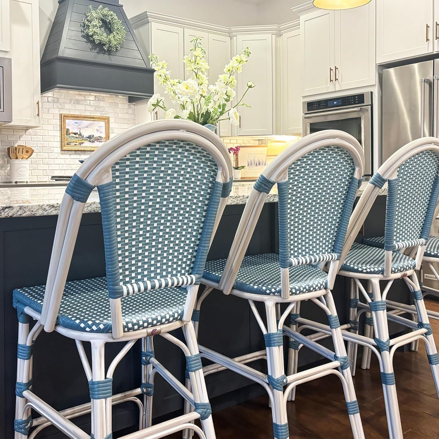 PURPLE LEAF French Bar Stool Set of 4 White Print Finish Patio Bar Stools with Back Rattan Bar Chairs Wicker Bar Height Stool 30" with Footrest Kitchen Island Stools Outdoor Barstool Light Blue