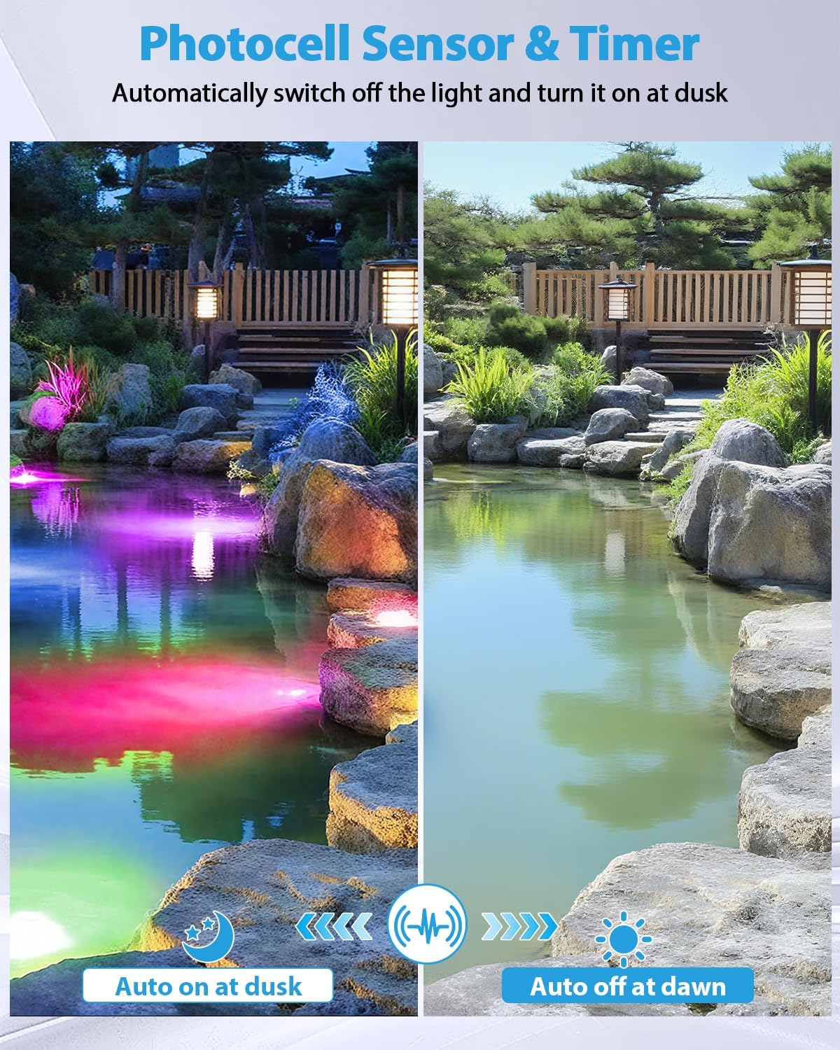 HIBOITEC LED Pond Lights, RGB Underwater Fountain Light with 12V Timer Transformer, Photocell Light Sensor, IP68 Waterproof Outdoor Underwater Lights for Outdoor Ponds Garden, 6 Pack