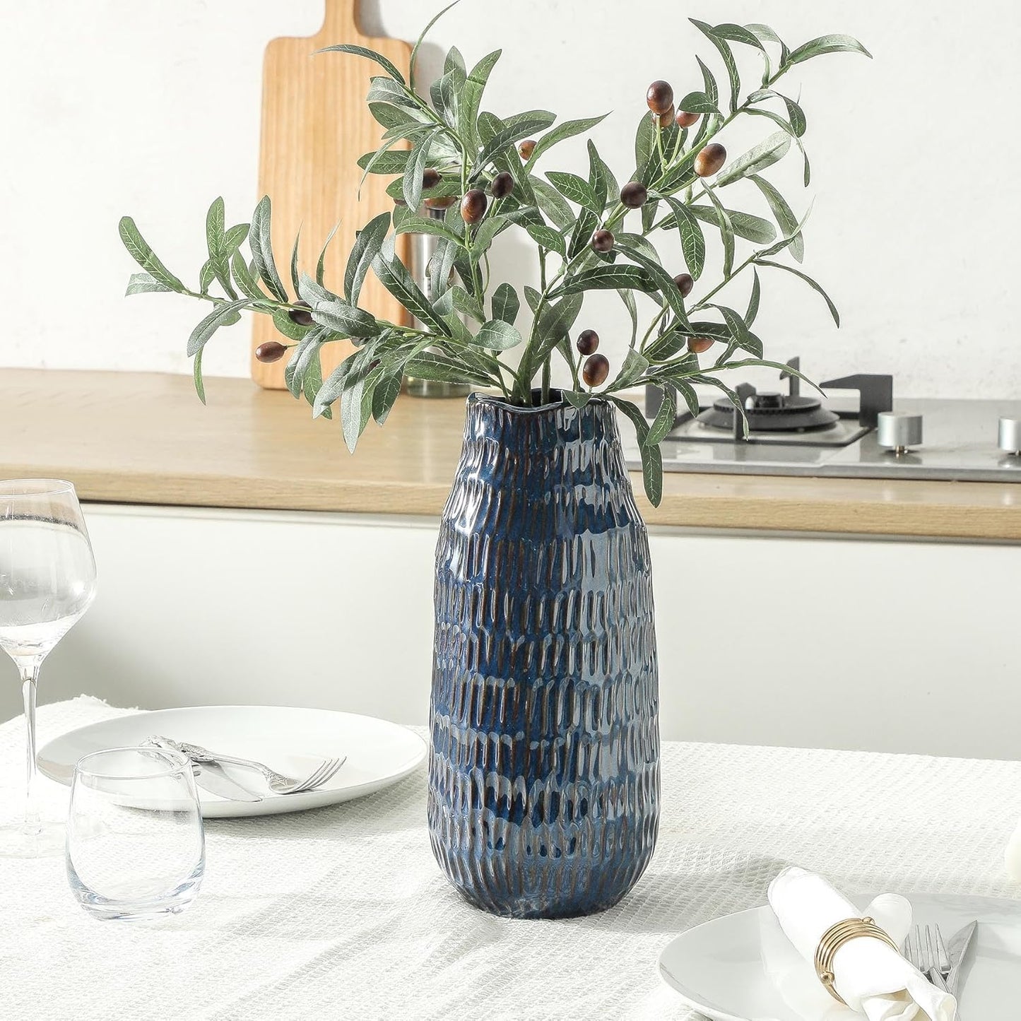 Blue Ceramic Vase for Home Decor, 12.6 Inch Tall Flower Vase with Modern Textured Finish,Decorative Floor Vase for Pampas Grass, Entryway, Living Room, Dining Table, Farmhouse or Office