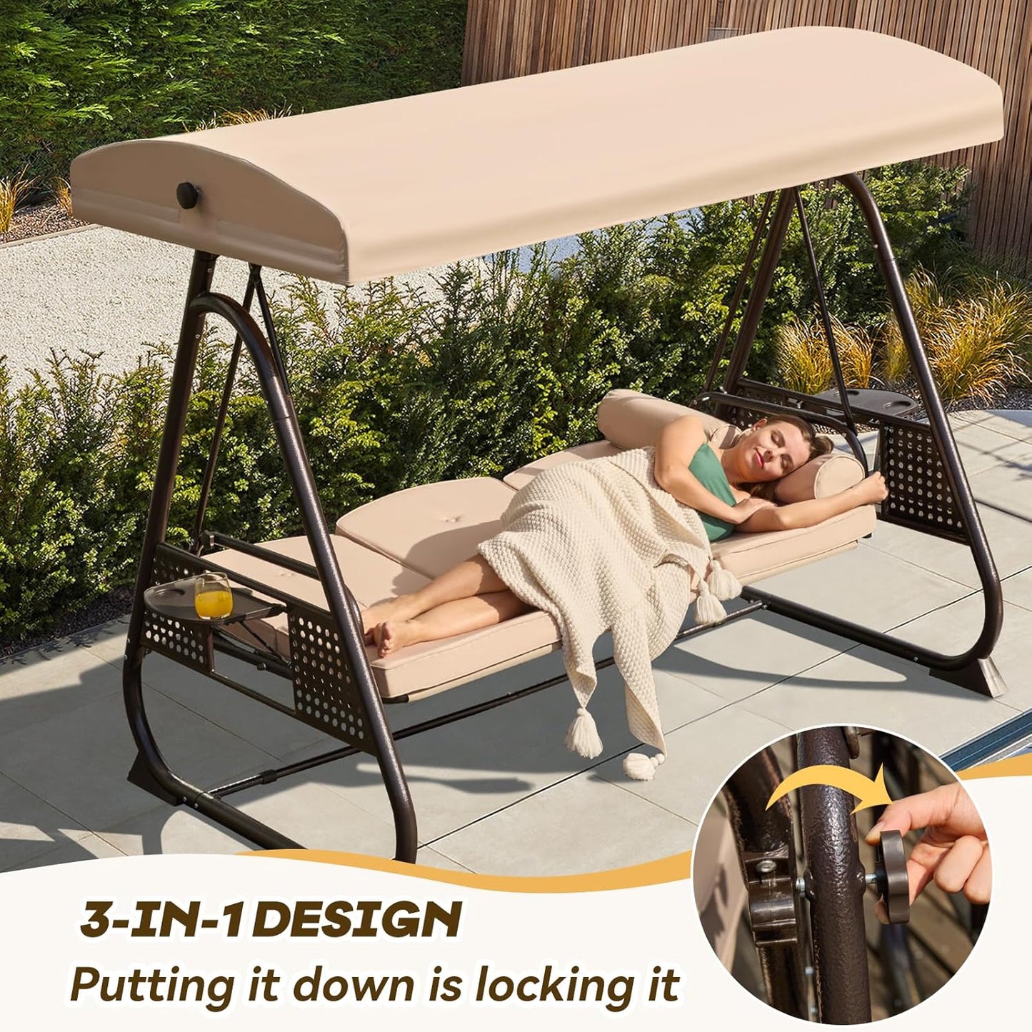 3 in 1 Outdoor Porch Swing with Adjustable Canopy, 3 Seat Outdoor Swing for Adults, Patio Swing Chair with Thickened Cushions,Pillows & Cup Holders for Backyard, Porch, Garden (Khaki)