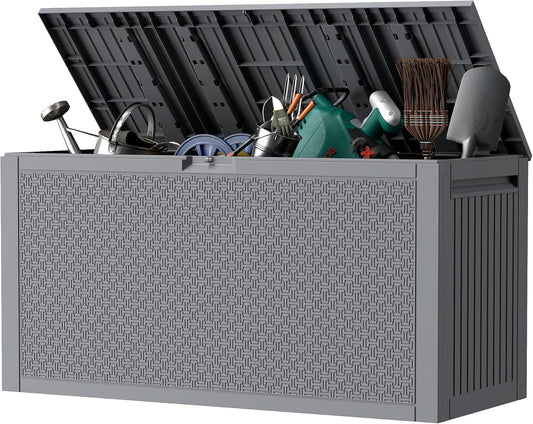 Outdoor Storage Box, 90 Gallon Deck Box, Waterproof Resin Storage Bin for Patio Cushions, Gardening Tools, Lockable, UV Resistant, Grey