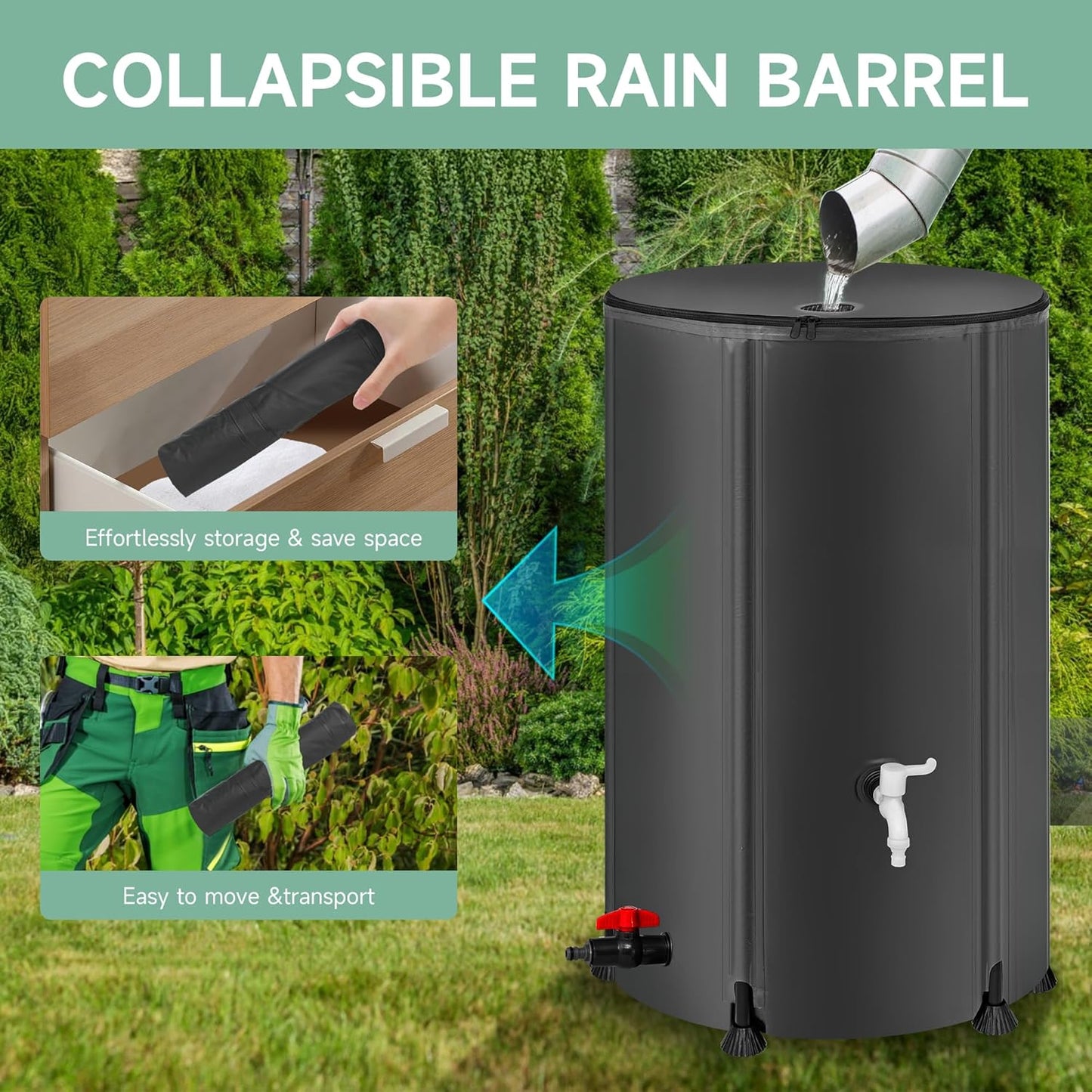 Collapsible Rain Barrel Water Storage Containers-100 Gallon Portable Rainwater Collect System Water Tank to Collect Rainwater from Gutter Downspout Water Catcher with Spigots,Filter＆Overflow Kits