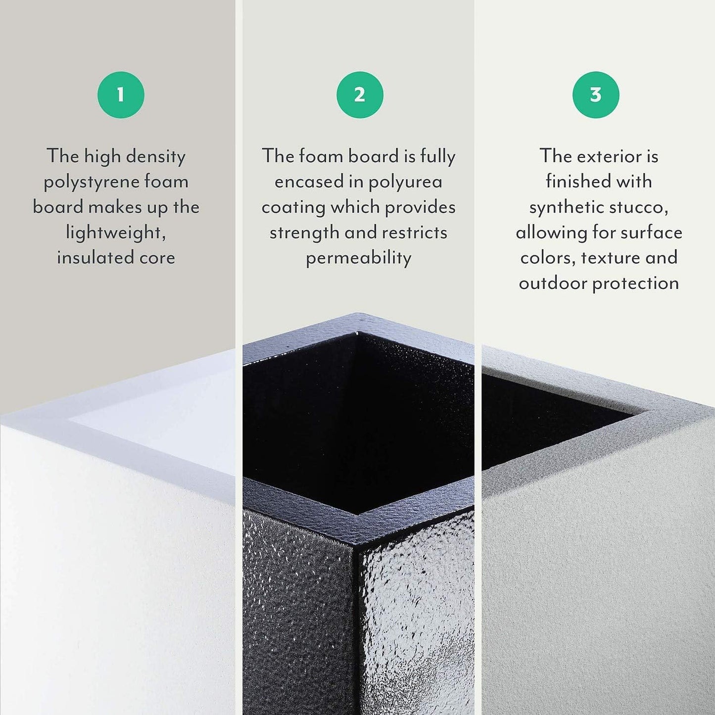 PolyStone Monterray Modern Outdoor/Indoor Square Planter, 23" L x 23" W x 19" H, Lightweight, Heavy Duty, Weather Resistant, Polymer Finish, Commercial Grade and Residential (White Granite)