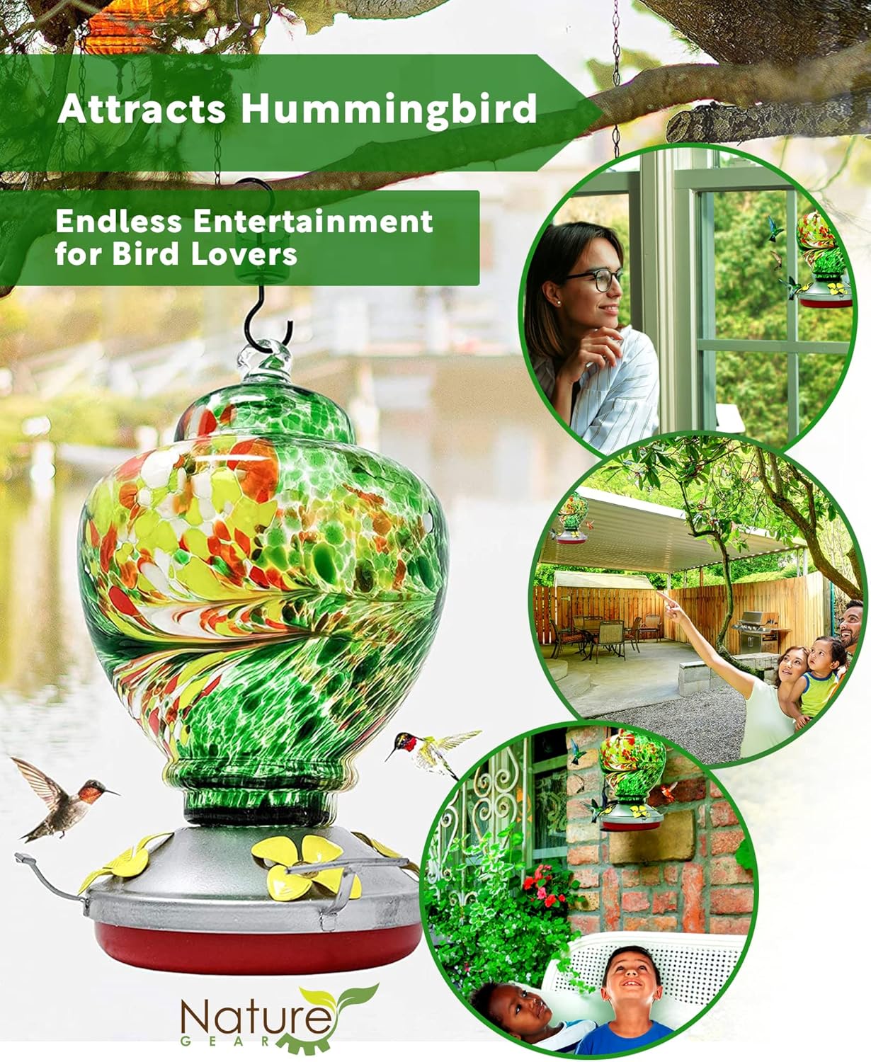 Nature Gear Hummingbird Feeder, Hanging-Mount Glass Hummingbird Feeders for Outdoors, Hand-Blown Glass Feeder with Ant Moat for Garden Hummingbirds, Easy to Clean & Rust Resistant, Emerald Green