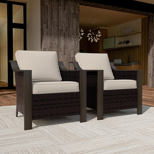 Outdoor Wicker Chair Set of 2, All-Weather Use Patio Rattan Chair with Removable Water-Resistant Cushion, Ideal for Porch, Backyard, Balcony, Poolside, Beige
