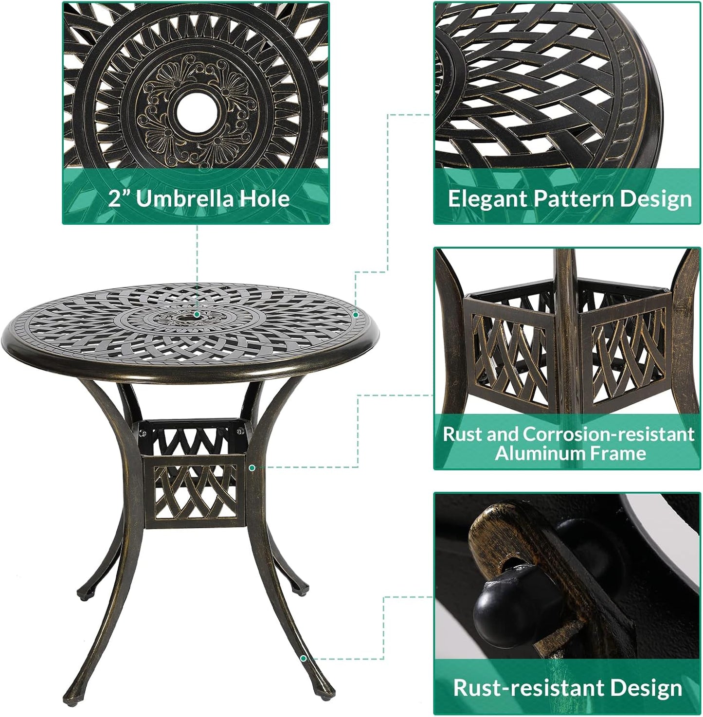 VIVIJASON 3-Piece Patio Furniture Dining Set, All-Weather Cast Aluminum Outdoor Bistro Set, Include 2 Chairs, 2 Cushions and 31" Round Table w/Umbrella Hole for Balcony, Backyard, Ocean Blue Cushion