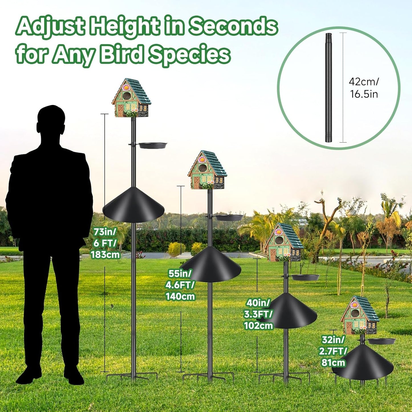 Smart Bird Feeder Pole with Squirrel Baffle & Bath-Heavy Duty Adjustable 3-6.6ft Universal Stand Mount for Backyard&Outdoor Bird Houses/Cameras (80'Pole-Baffle-Bath)
