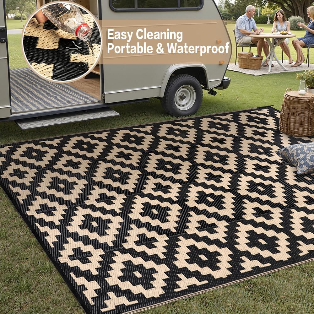 Outdoor Plastic Straw Rug, Waterproof Mat, Washable Large Floor Mat and Rug for Outdoors, RV, Beach, Patio, Camping, Backyard, Deck, Picnic, Indoor Outside (6x9ft,Geometry/Black&Beige)