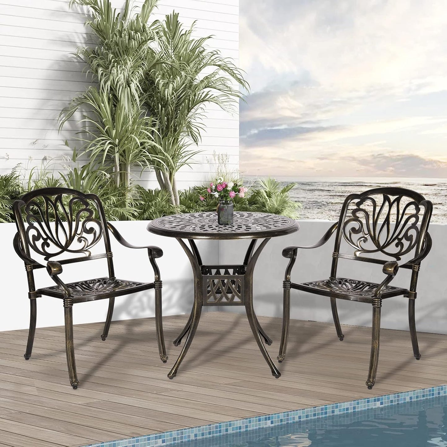 3-Piece Outdoor Patio Dining Set, All-Weather Cast Aluminum Patio Furniture Set for Backyard Garden Deck with 2 Chairs and 31” Round Table, 2" Umbrella Hole