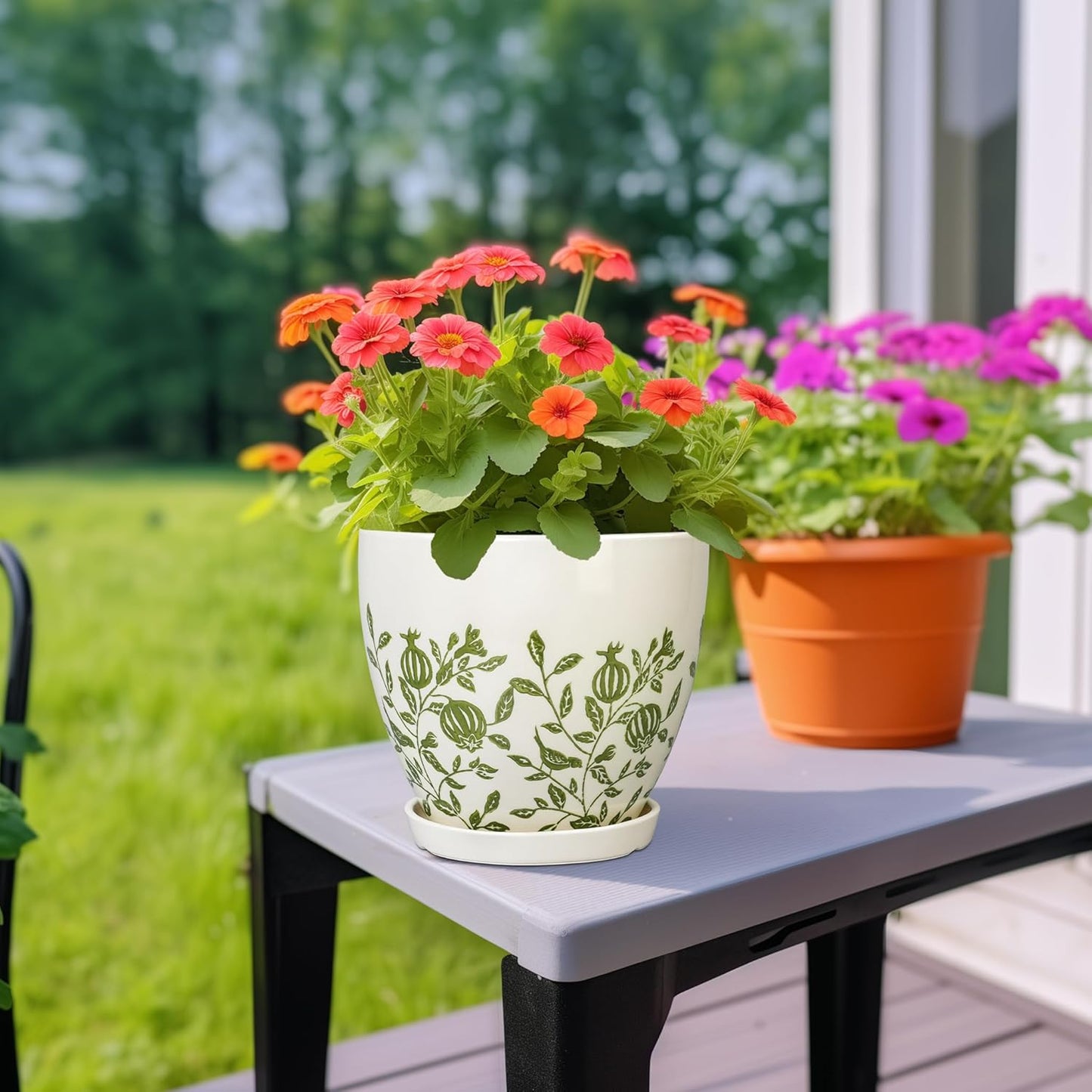 Ceramic Pot for Plants 6.8 Inch - Ceramic Plant Pot Indoor with Drainage Hole and Saucer, Round Boho Planter for Indoor Outdoor Plants, Plant Lover Gifts, Home Office Garden Decor, White