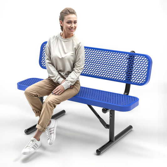 Heavy-Duty Outdoor Metal Bench, Thermoplastic-Coated, Portable, Weatherproof, Commercial-Grade for Parks, Gardens, Patios, Stores & More (4 Ft - Portable with Back, Blue)