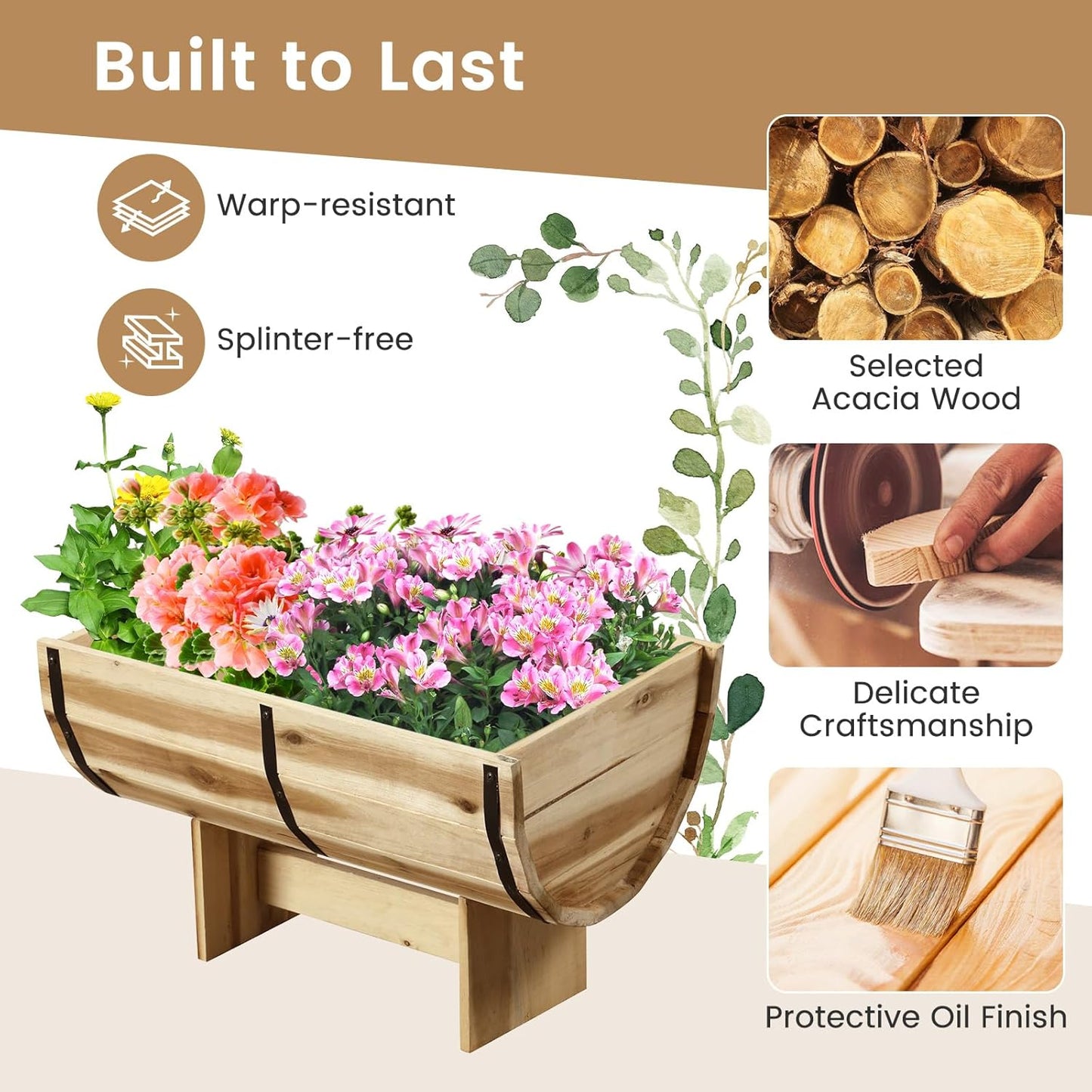 HAPPYGRILL Wooden Plant Pots, Solid Acacia Wood Half-Barrel Planting Flower Pot w/Legs, Drainage for Flower Vegetable Fruit, Outdoor Elevated Garden Bed, Decorative Planters for Indoor Plants (2)