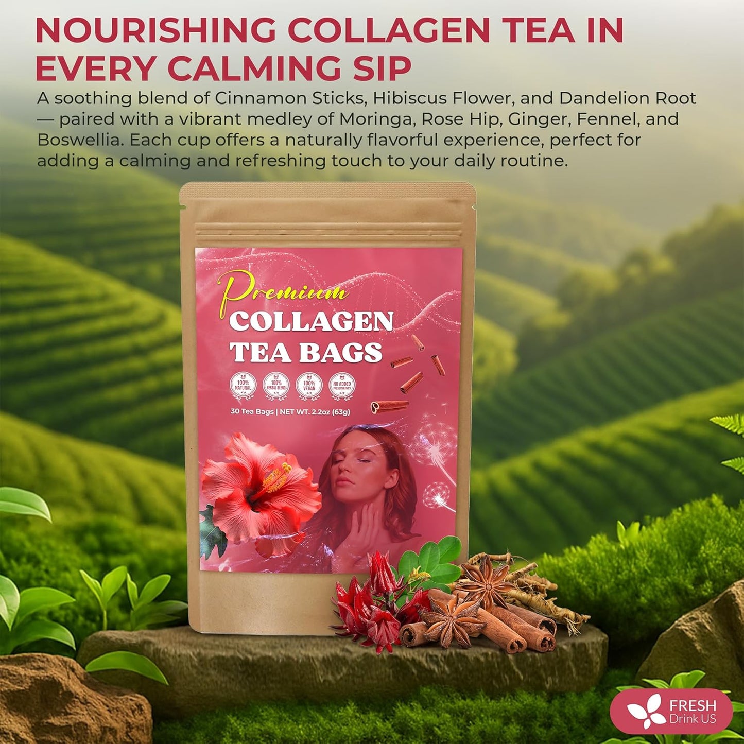 FreshDrinkUS, Premium Collagen Herbal Tea – 30 Tea Bags | Cinnamon Stick, Hibiscus, Dandelion Root, Moringa Leaves, Rose Hip, Ginger, Fennel Seed, Boswellia | Caffeine-Free, Natural Flavorful Blend
