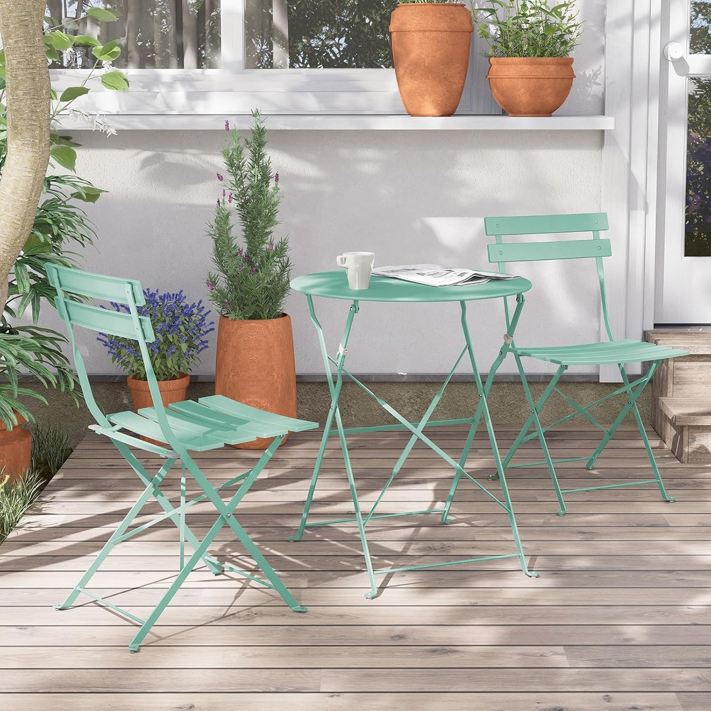 Grand Patio Premium Steel Patio Bistro Set, Folding Outdoor Patio Furniture Sets, 3 Piece Patio Set of Foldable Patio Table and Chairs, Mint Green
