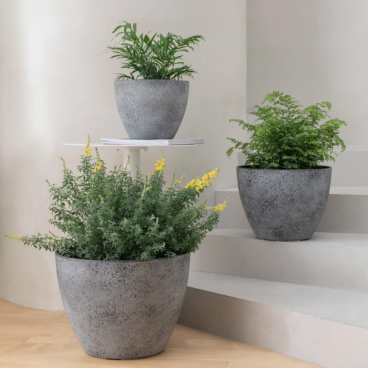 LA JOLIE MUSE 14.2/11.3/8.6 Inch Planters,Set of 3 Indoor/Outdoor Round Planters,Grey Tree Planters,Plant Container with Drain Holes,Flower Pots for Patio and Deck