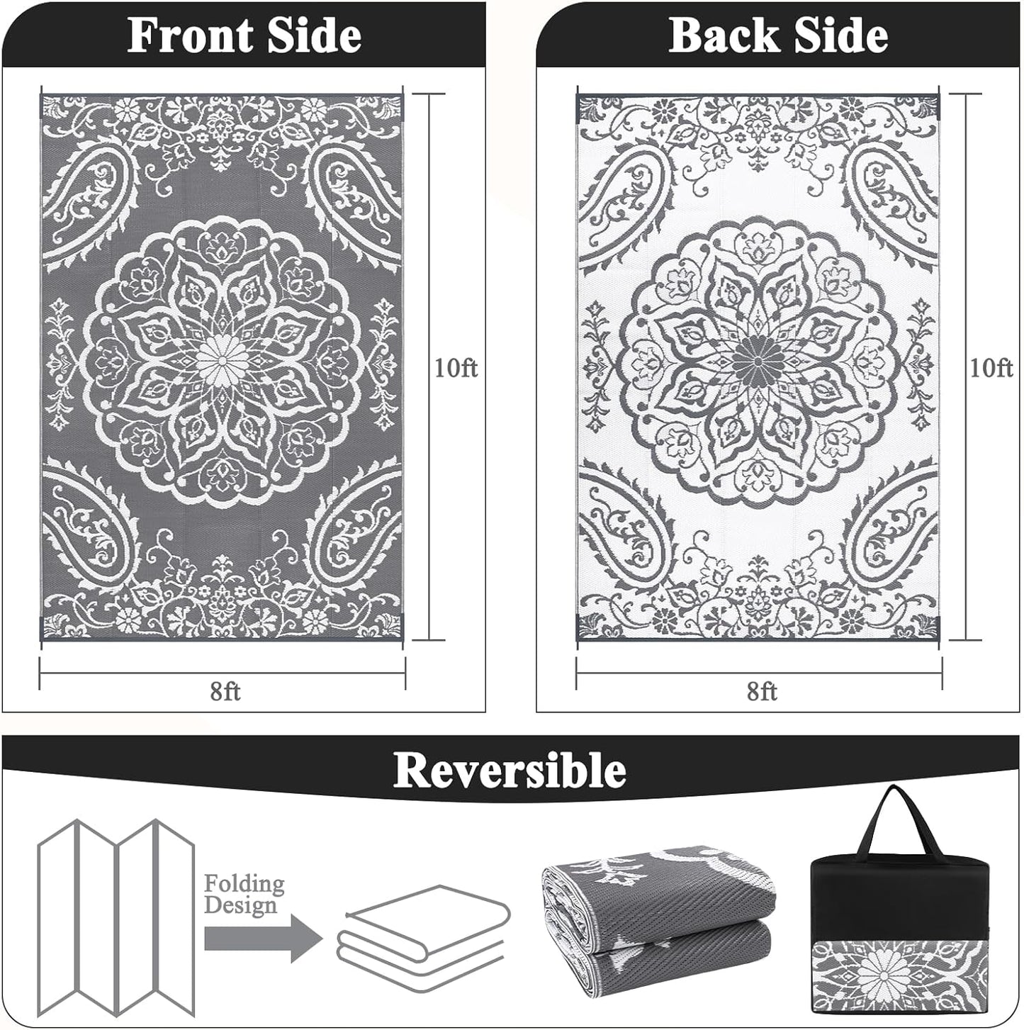 Pauwer Waterproof Outdoor Rug 8x10, Reversible Plastic Straw Patio Camping Rug, Indoor Outdoor RV Mat Carpet for Deck, Camper, Porch, Balcony, Backyard, Picnic, Boho Grey