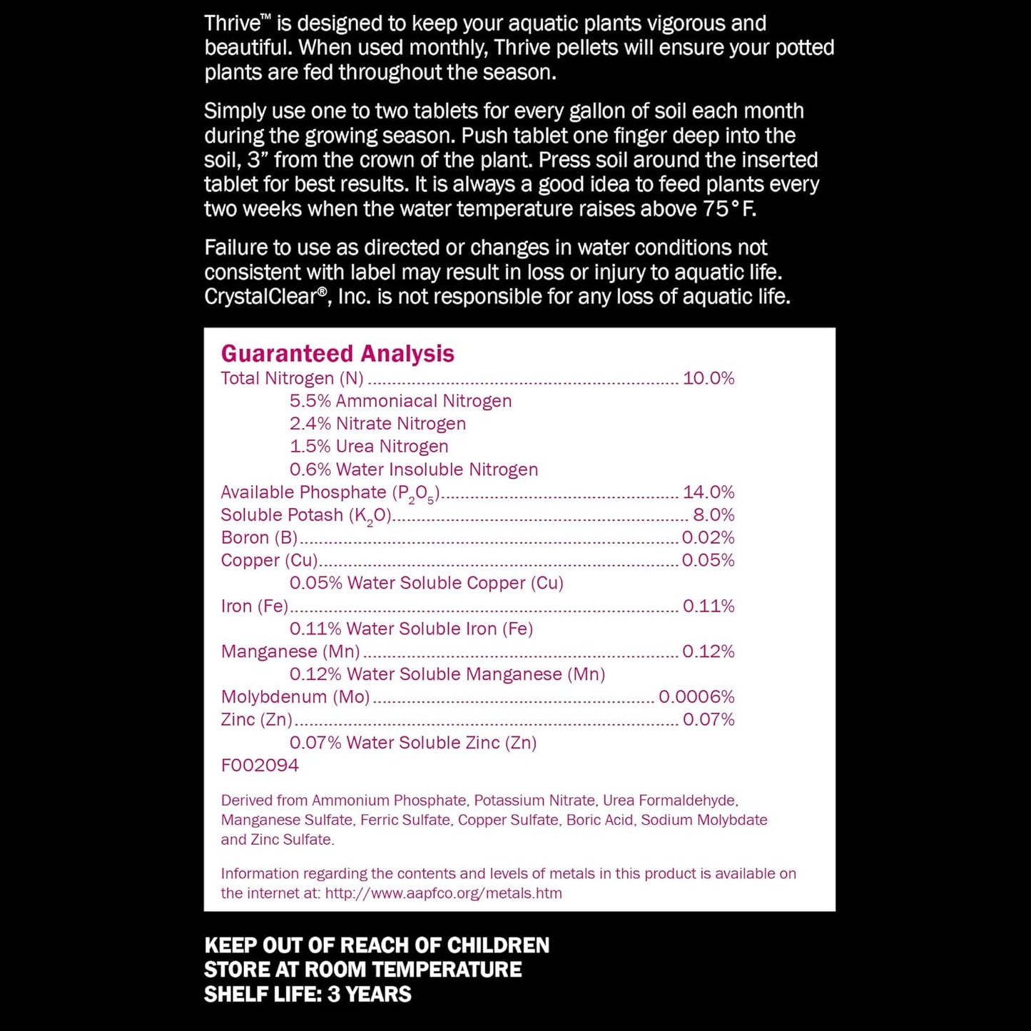 CrystalClear Thrive Aquatic Pond Plant Food, Fish Safe Water Garden Fertilizer, Nutrients Boost Lily & Lotus Flower Bloom & Root Growth, 200 Tablets