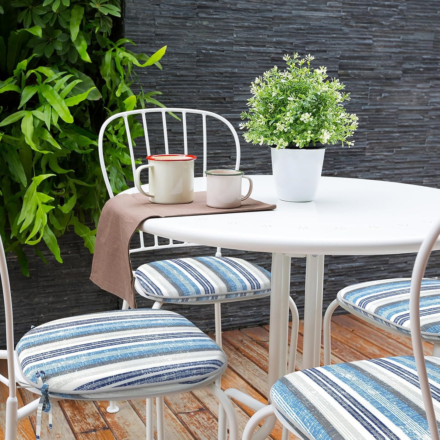 Indoor/Outdoor Chair Cushions 16x17 Inch, Patio Chair Cushions with Ties, All Weather Seat Cushions for Patio Furniture Home Garden Chair Use, Set of 4, Stripe Layered Blue