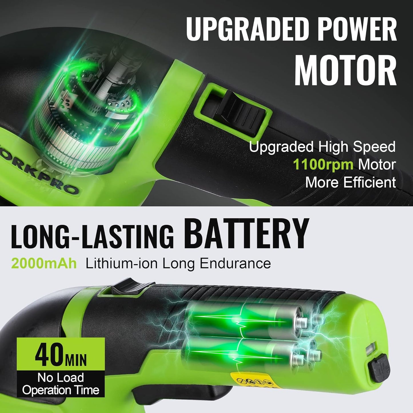 WORKPRO Cordless Grass Shear & Shrubbery Trimmer - 2 in 1 Handheld Hedge Trimmer Electric Grass Trimmer Hedge Shears/Grass Cutter Rechargeable Lithium-Ion Battery and Type-C Cable Included (Green)