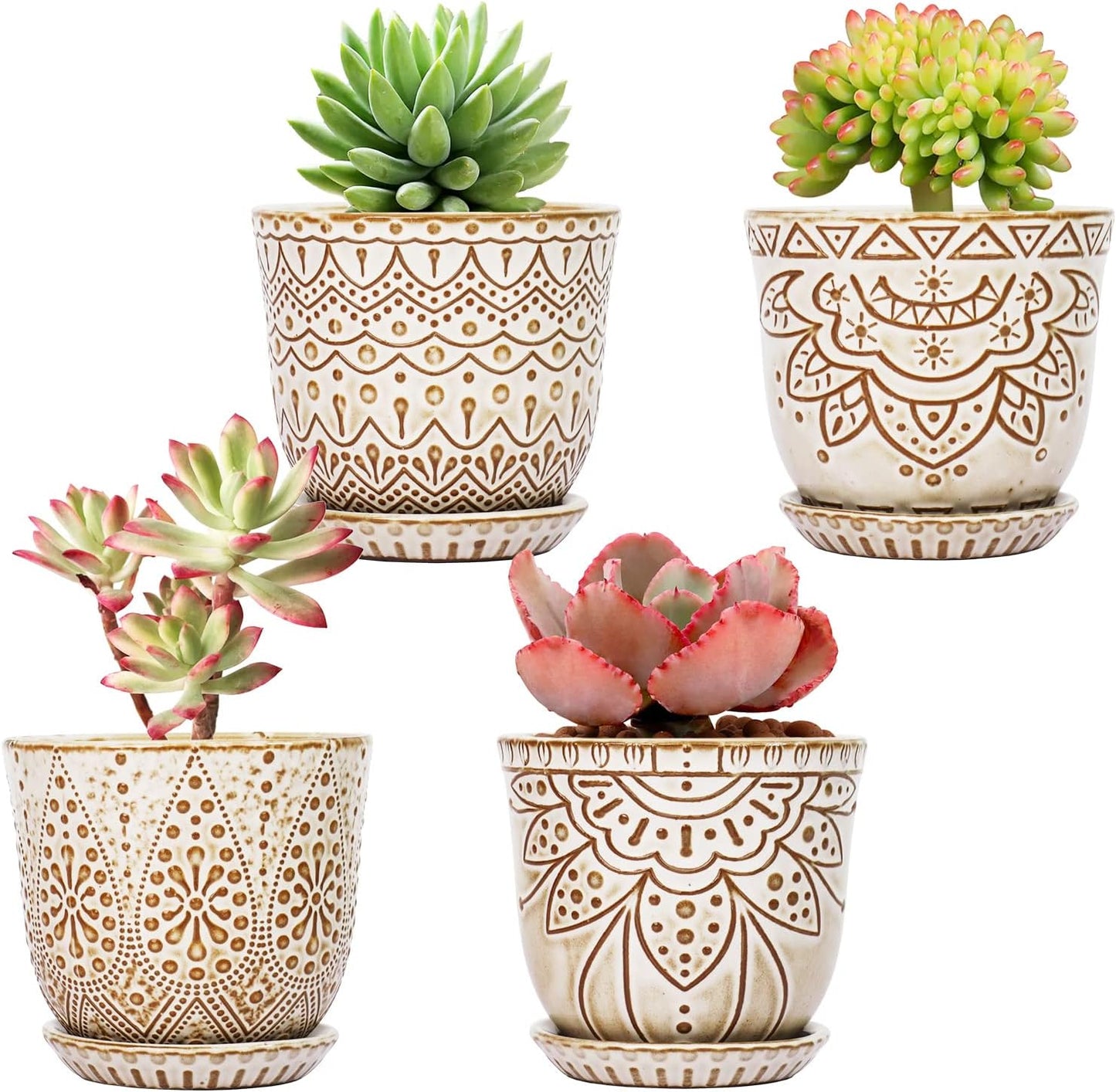 Gepege Succulent Pots, 4 Inch Small Indoor Ceramic Planter Pot with Drainage Holes and Saucers for Plants- Creamy White - Set of 4