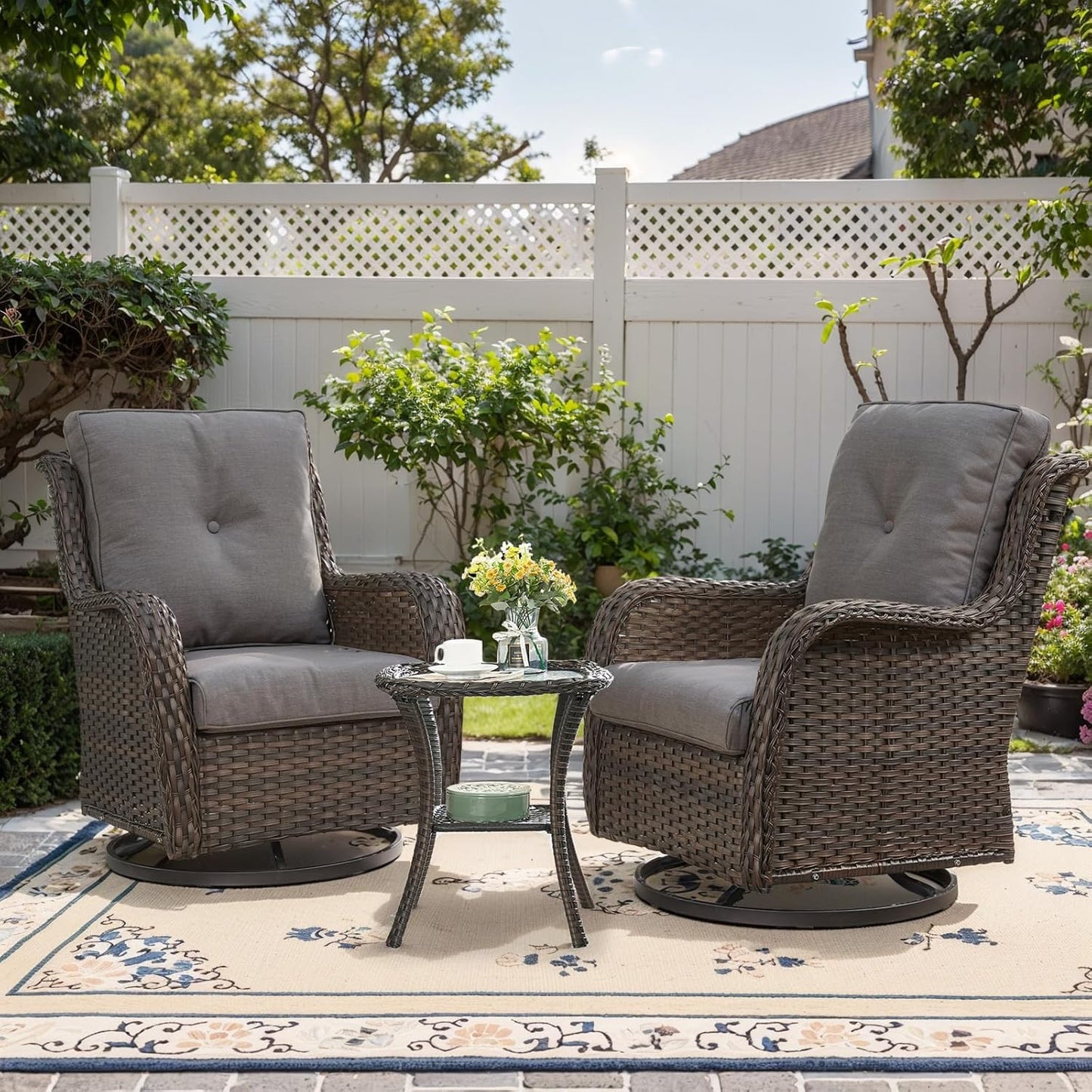 Patio Furniture Set Swivel Rcoker - 3 Pieces Outdoor Glider Rocking Chairs with Small Side Table, Wicker Chair Sets for Porch, Balcony and Garden