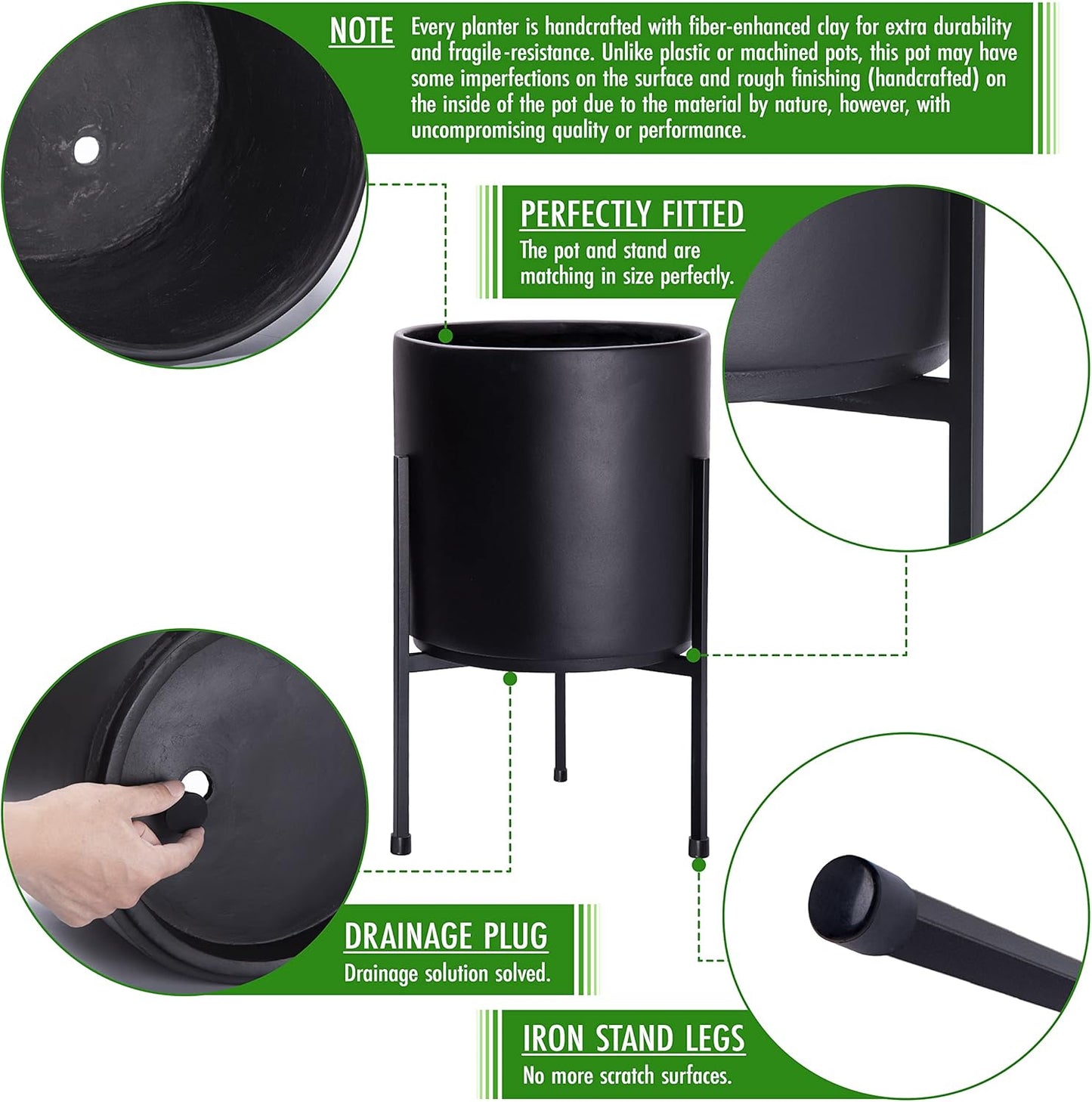 D'vine Dev Modern Black Plants Pot Cylinder Planter with Heavy Duty Stand, Medium 10 Inch Pot, 16.3 Inch with Stand Height, 96-T-B-2