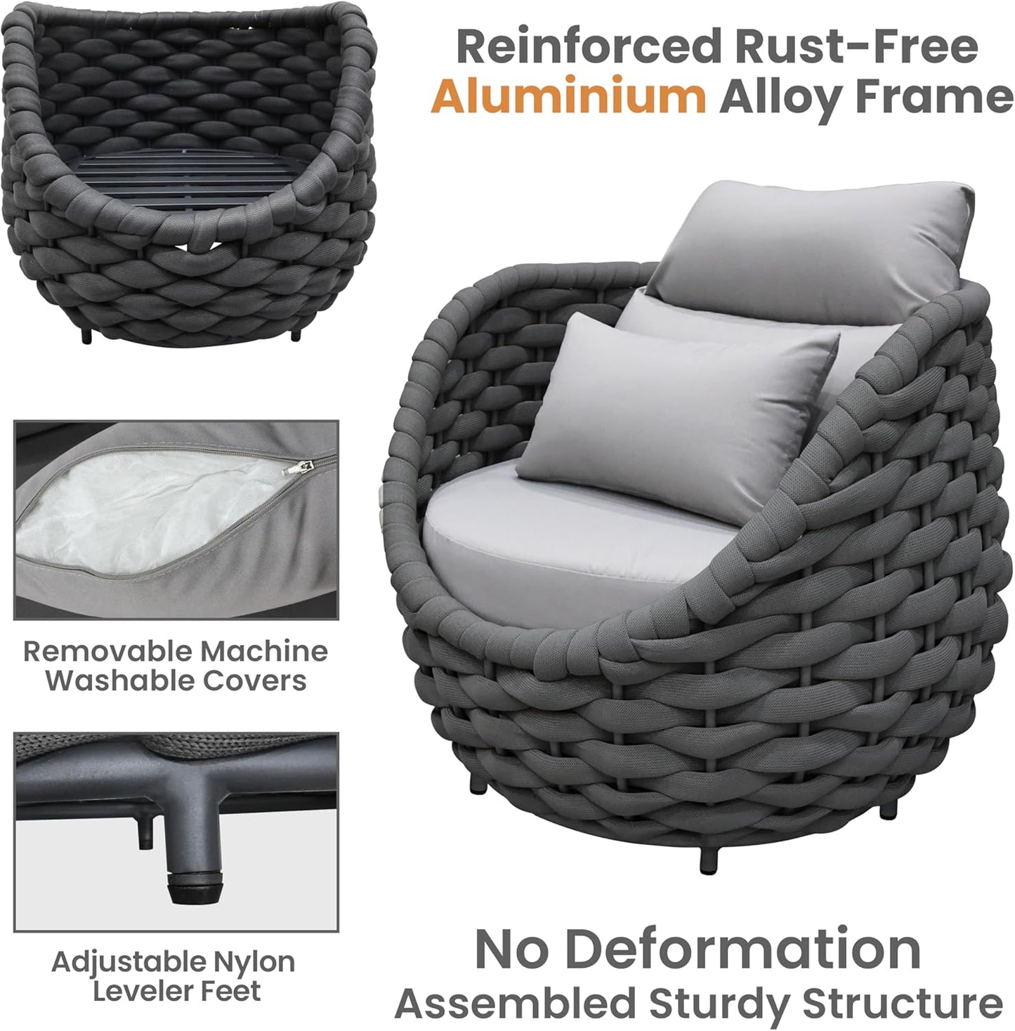 Aluminum Woven Rope Patio Furniture Set: 5 Pieces Assembled Outdoor Conversation Sofa Set for 6 - Modern Metal Couch Set Cushioned - All Weather Porch Seating for Deck Garden Lanai Hotel Resort