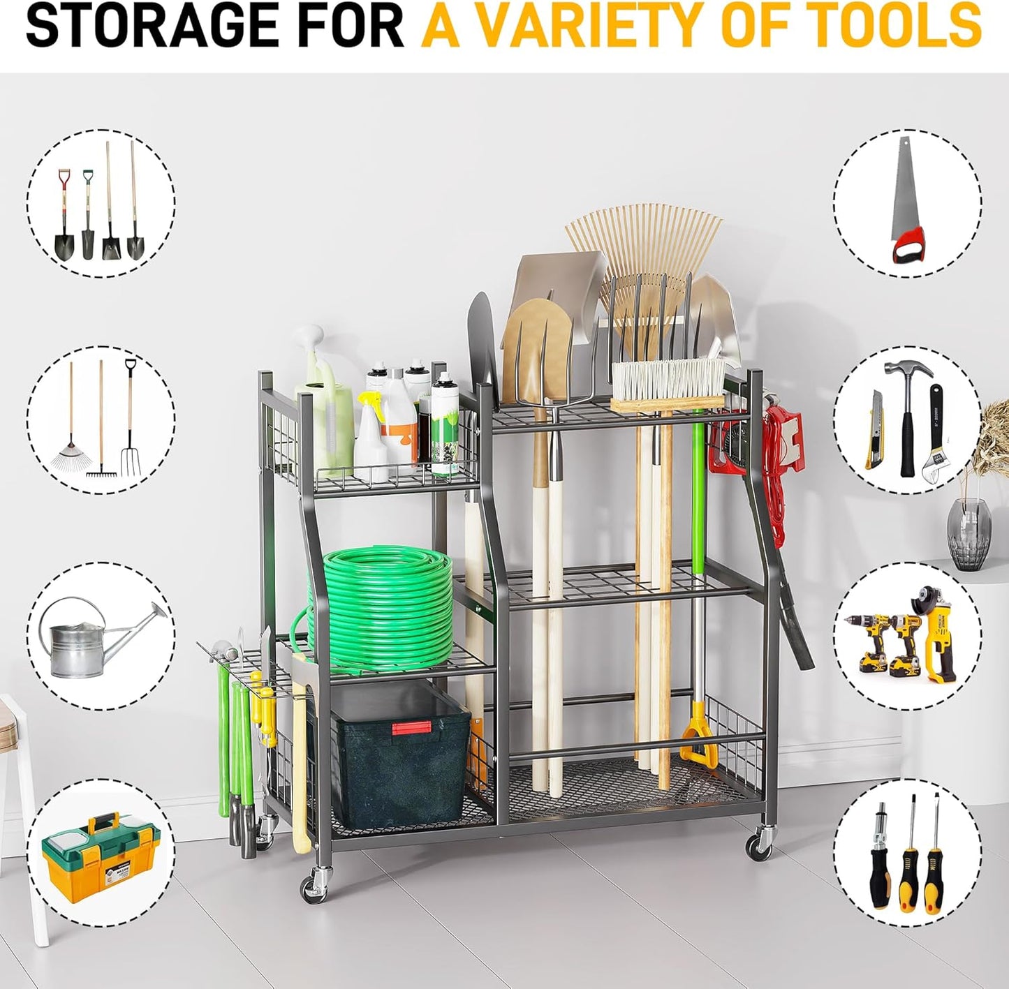 Ultrawall Garden Tool Organizer, Yard Tool Storage Rack for Garage Organization with Lockable Wheels, Garden Tool Stand for Rake, Brooms, Indoor & Outdoor Use