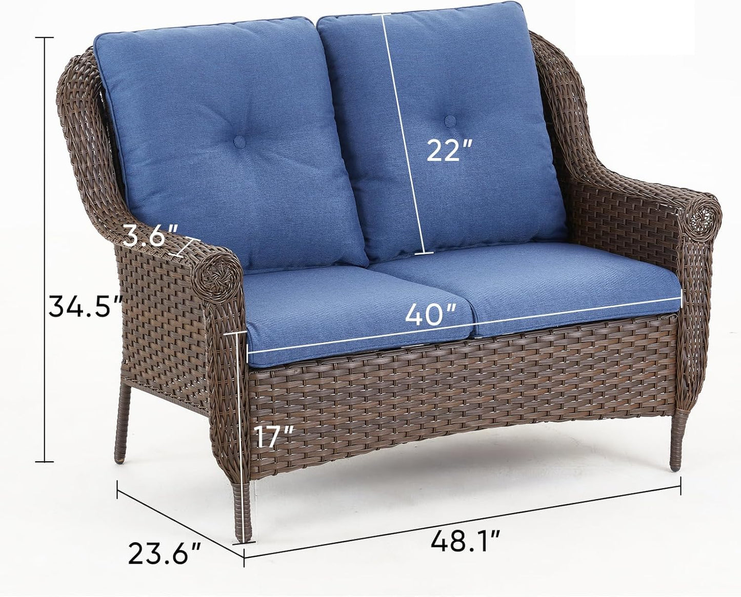 Patio Loveseat Outdoor Wicker Sofa - Heavy Duty All-Weather Brown Rattan 2-Person Sofas with High Back and Comfortable Thick Cushions for Garden Back Porch Poolside Apartment - Navy Blue